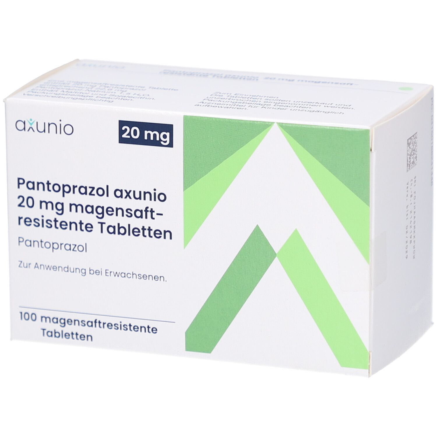 Schachtel PANTOPRAZOL axunio 20 mg magensaftresistente Tabletten. Weiße Verpackung mit grünen geometrischen Formen.