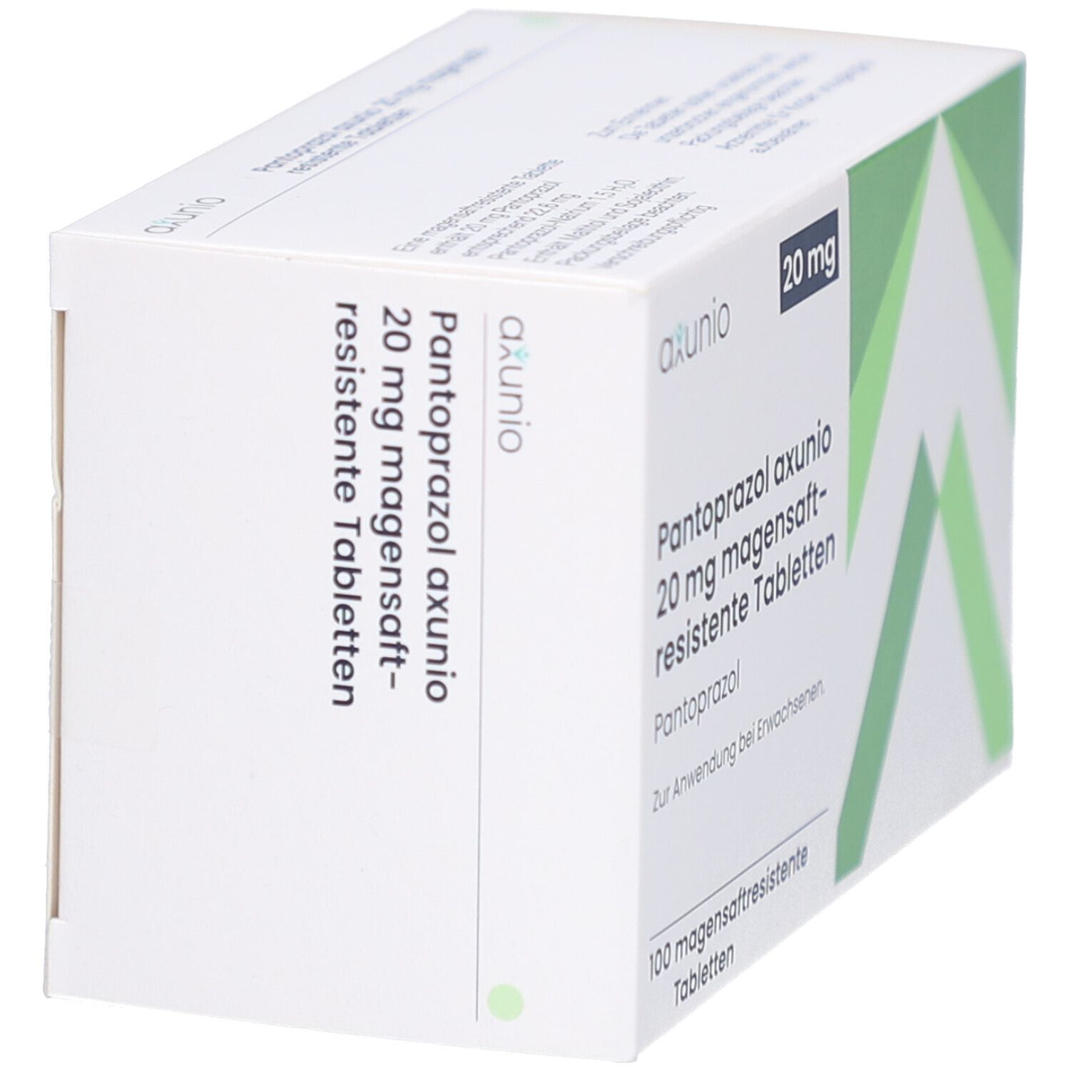 Schachtel PANTOPRAZOL axunio 20 mg Tabletten, schräg. Weiße Verpackung mit grünen Elementen. Produktinformationen.