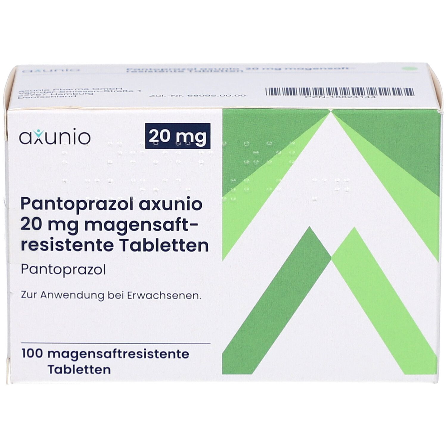 Schachtel PANTOPRAZOL axunio 20 mg Tabletten. Weiße Verpackung mit Produktnamen, Dosierung und grünen Akzenten.