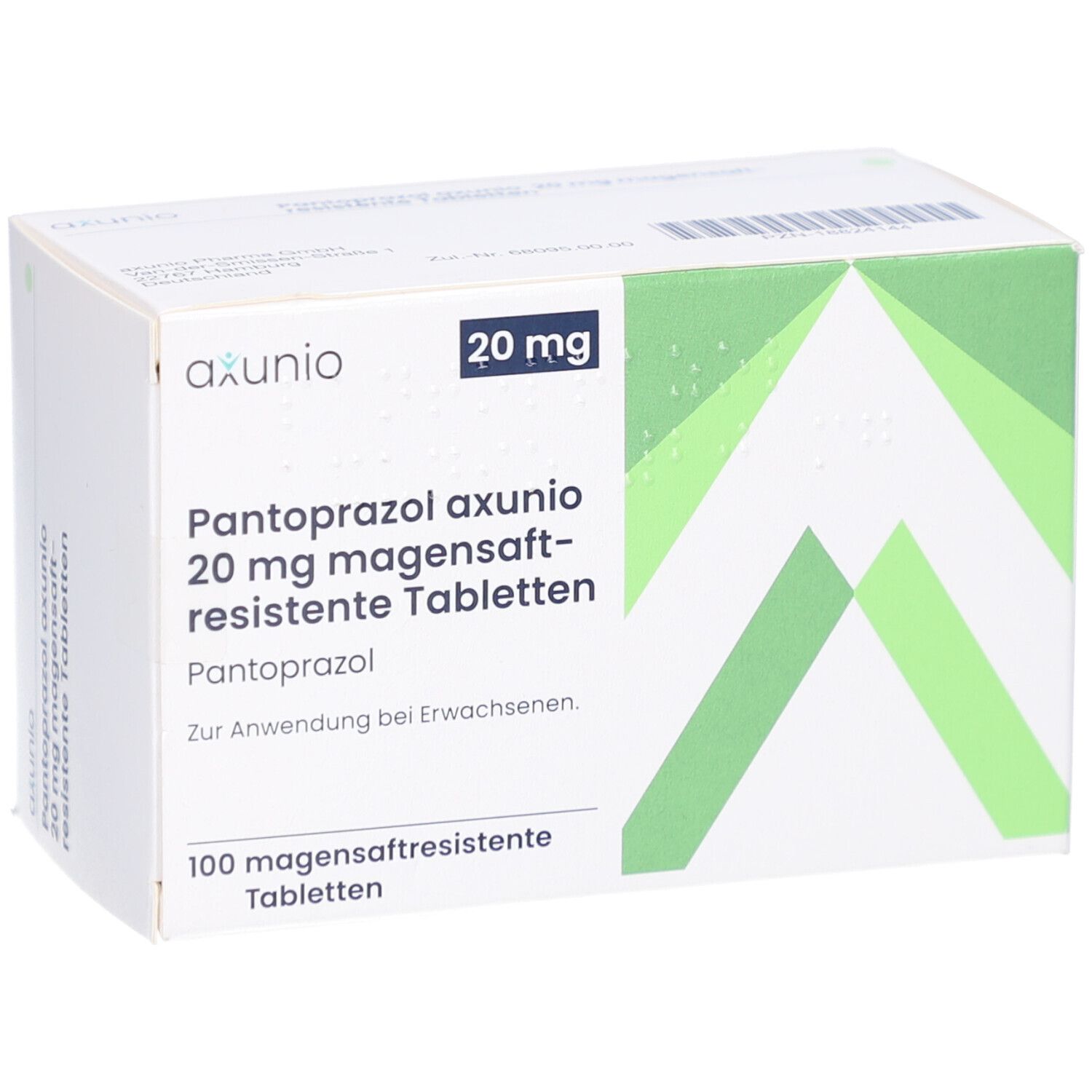 Schachtel PANTOPRAZOL axunio 20 mg Tabletten. Weiße Verpackung mit grünen geometrischen Formen und Produktinformationen.