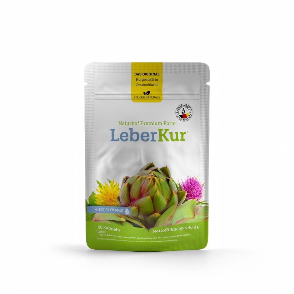 Beutel mit Produktaufdruck. Aufschrift: Naturhof LeberKur, Artischocke und Distelblüte. Gelbes Etikett: Das Original.