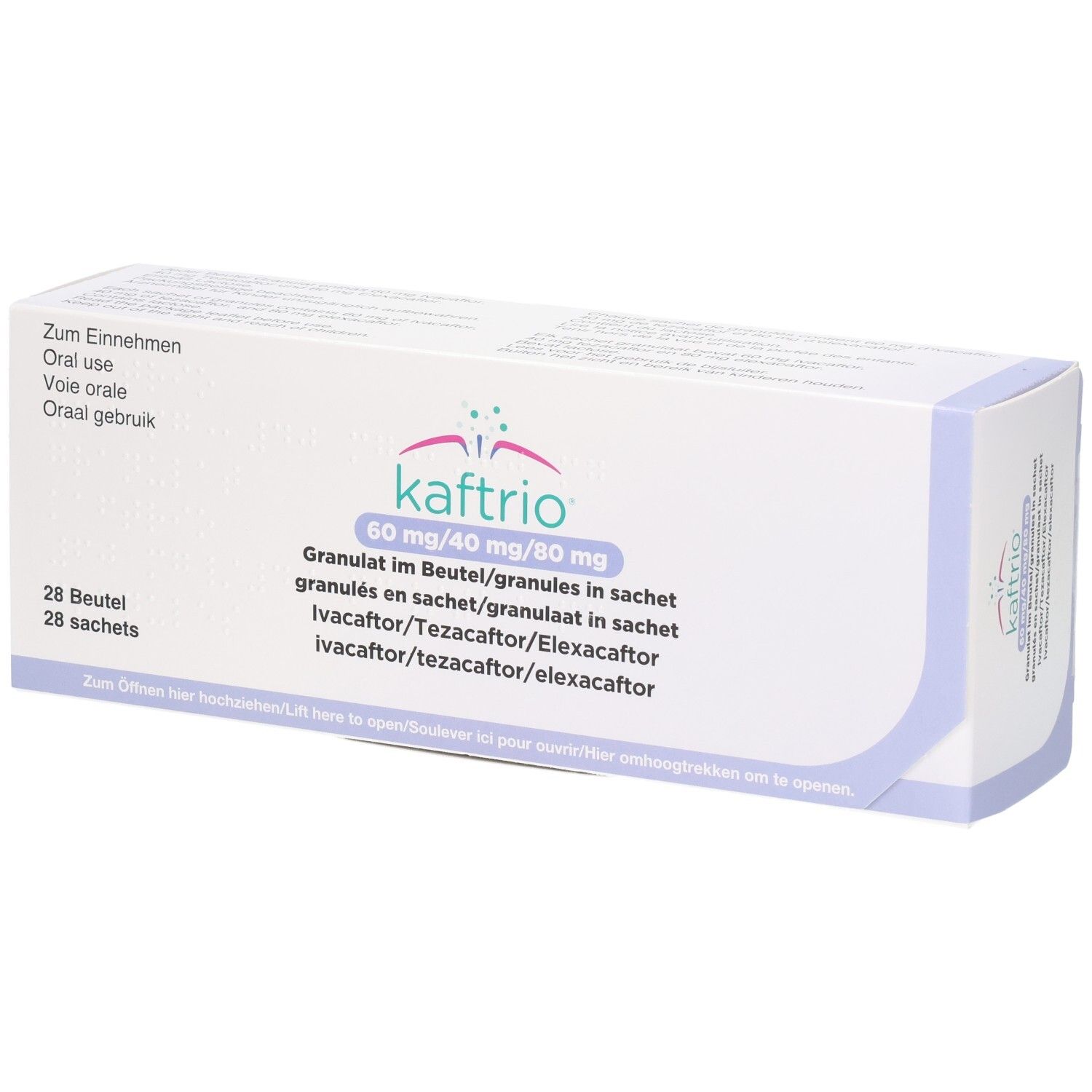 Kaftrio Granulat im Beutel, 60 mg/40 mg/80 mg. Enthält 28 Beutel.