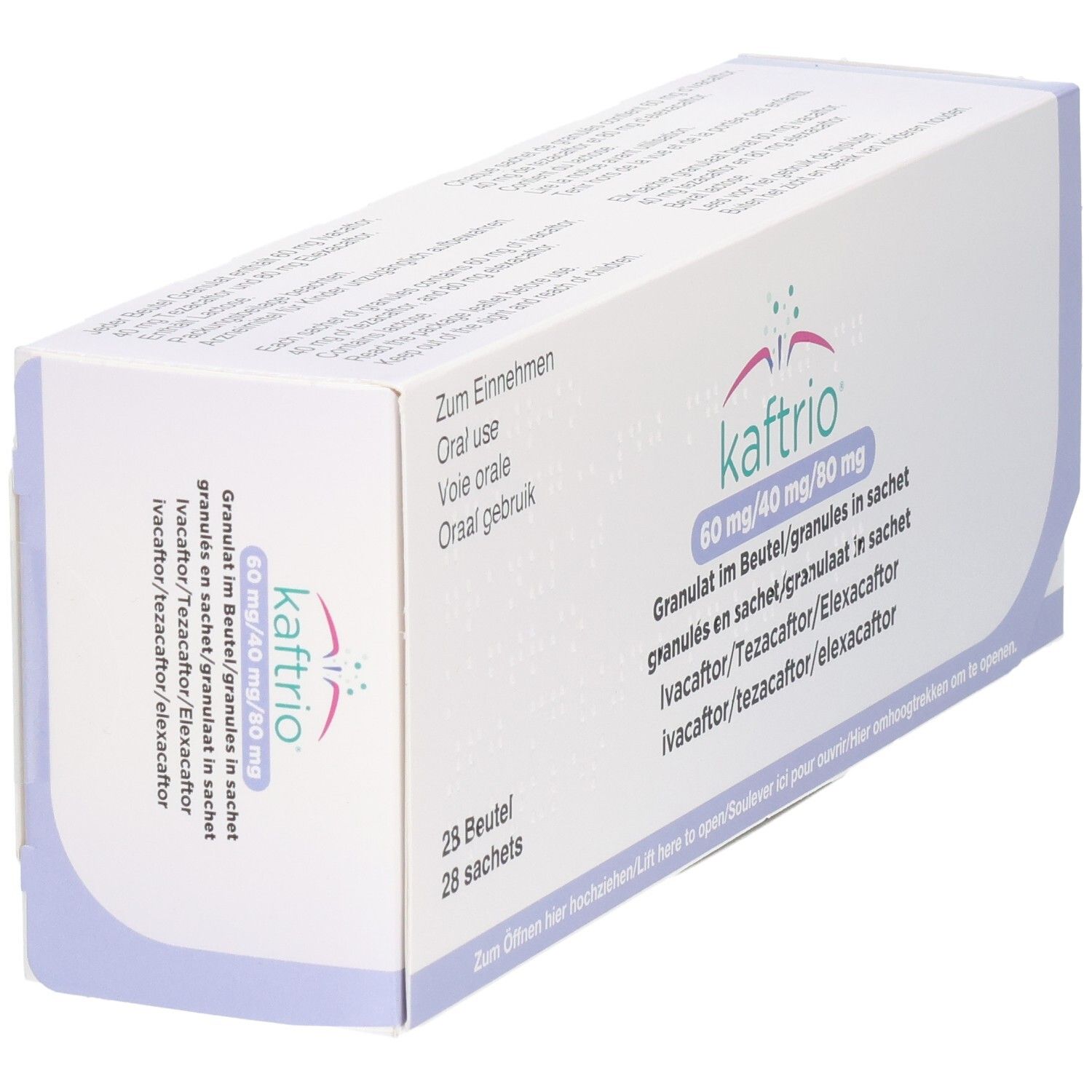 Kaftrio Granulat im Beutel, 60 mg/40 mg/80 mg. Enthält 28 Beutel.