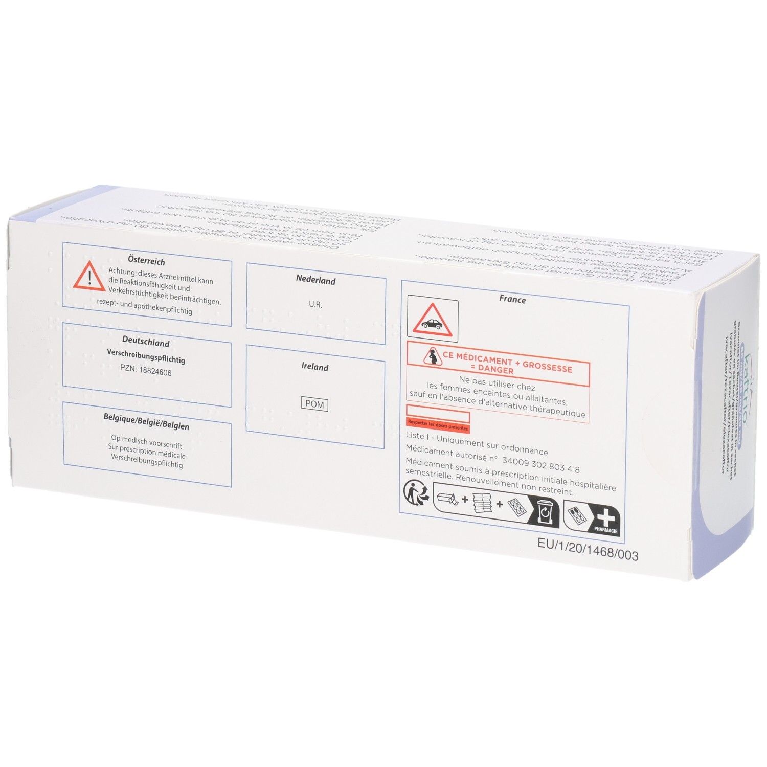 Rückseite der Kaftrio-Verpackung mit Länderinformationen und Warnhinweisen.