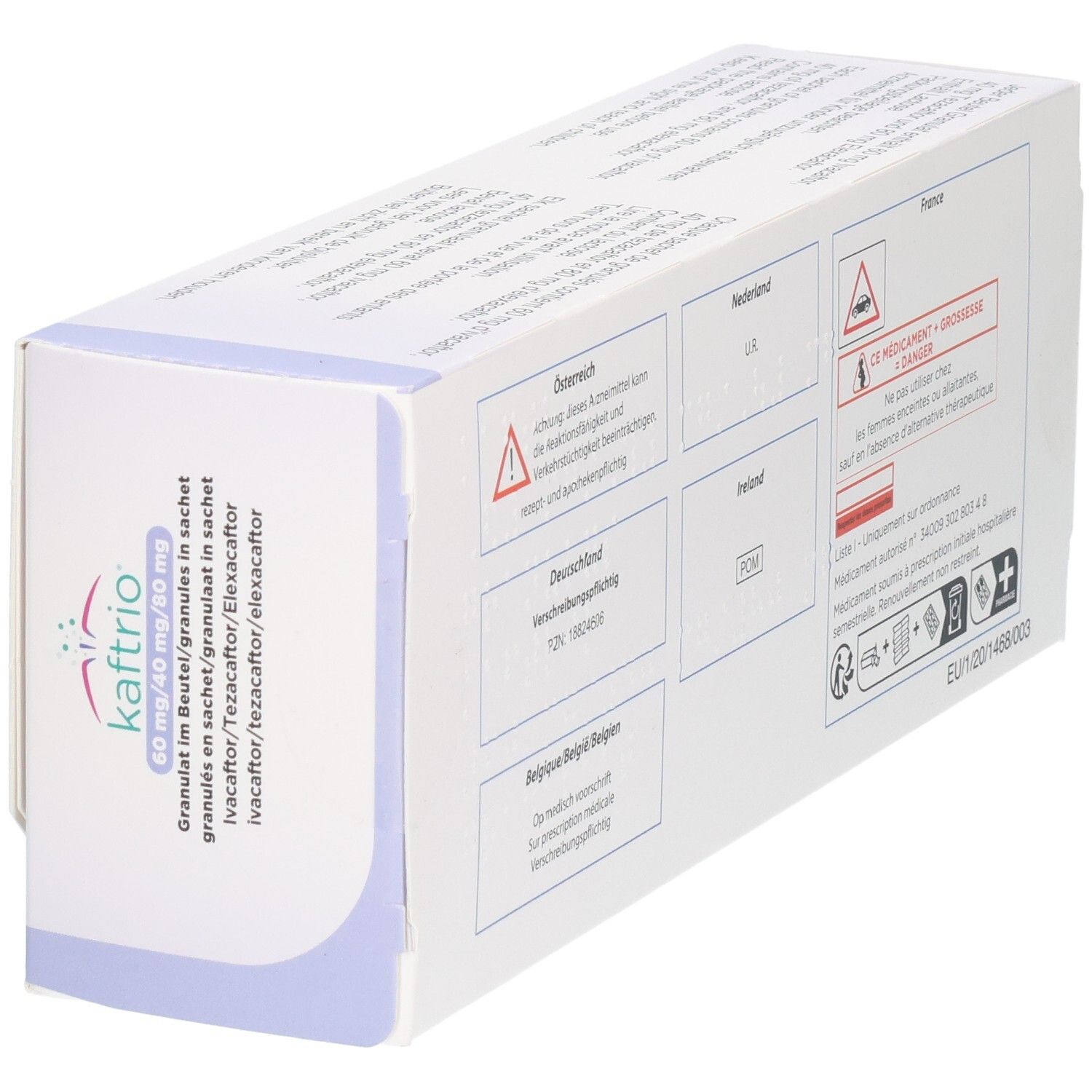 Rückseite der Kaftrio-Verpackung mit Länderinformationen und Warnhinweisen.