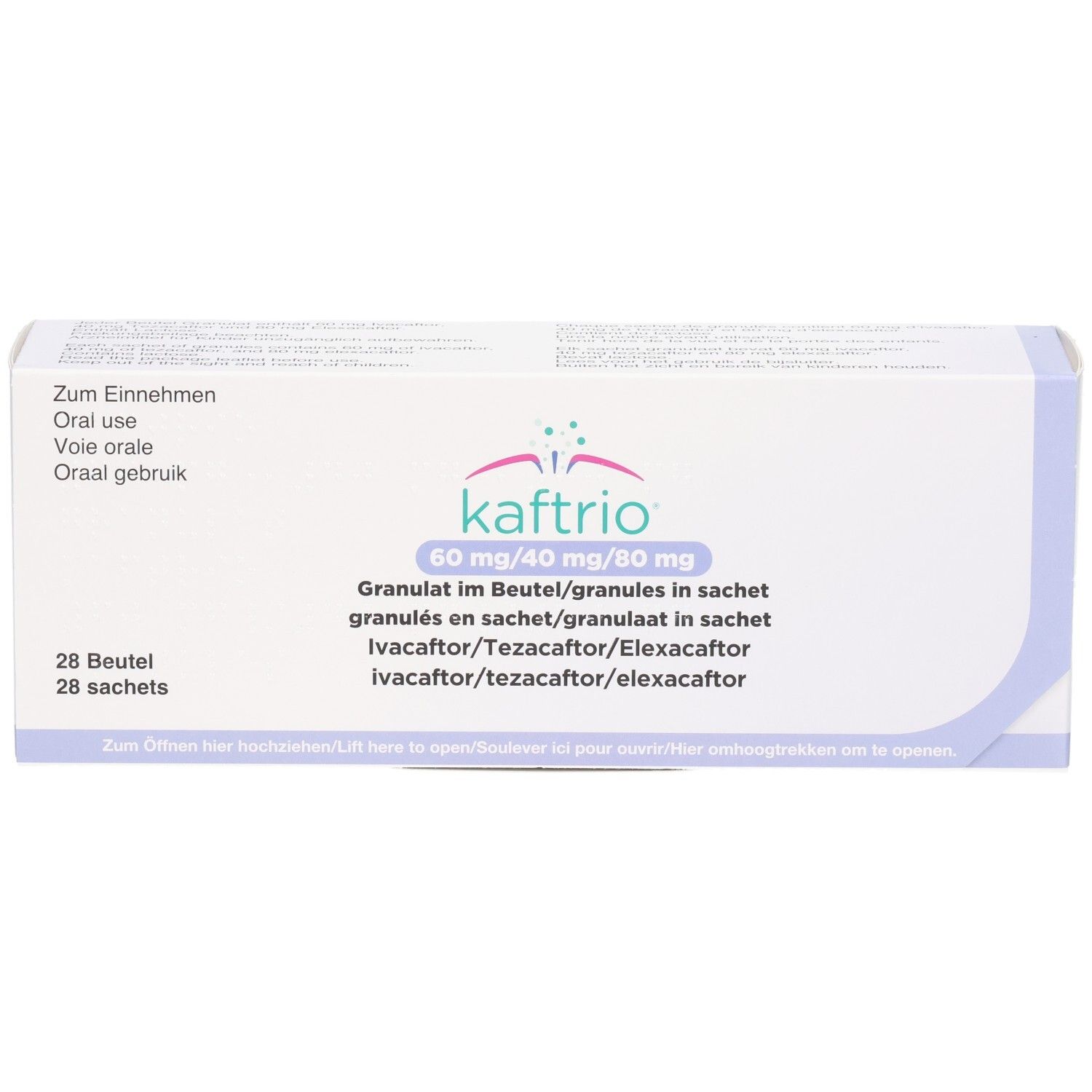 Kaftrio Granulat im Beutel, 60 mg/40 mg/80 mg. Enthält 28 Beutel.