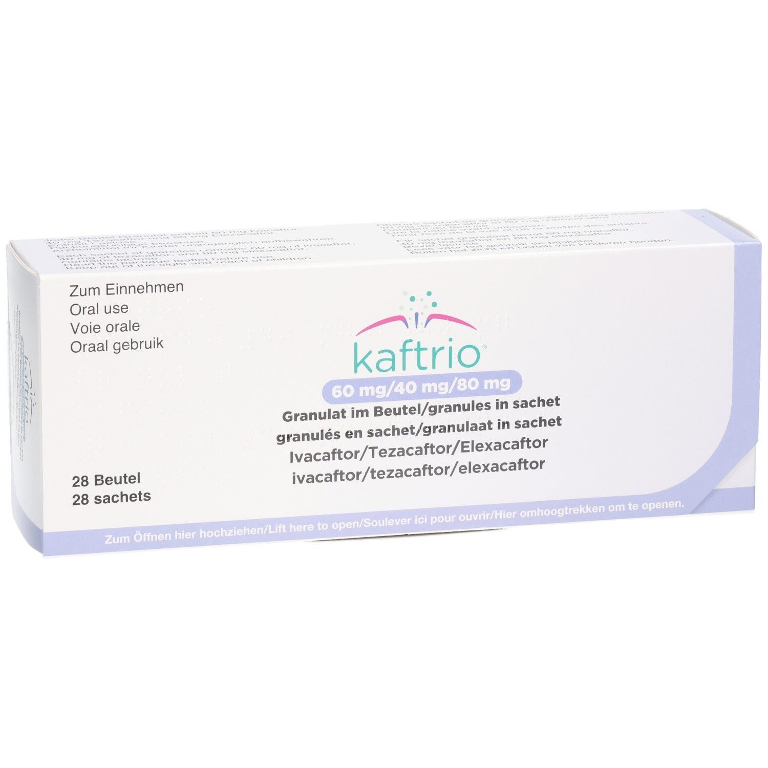 Kaftrio Granulat im Beutel, 60 mg/40 mg/80 mg. Enthält 28 Beutel.