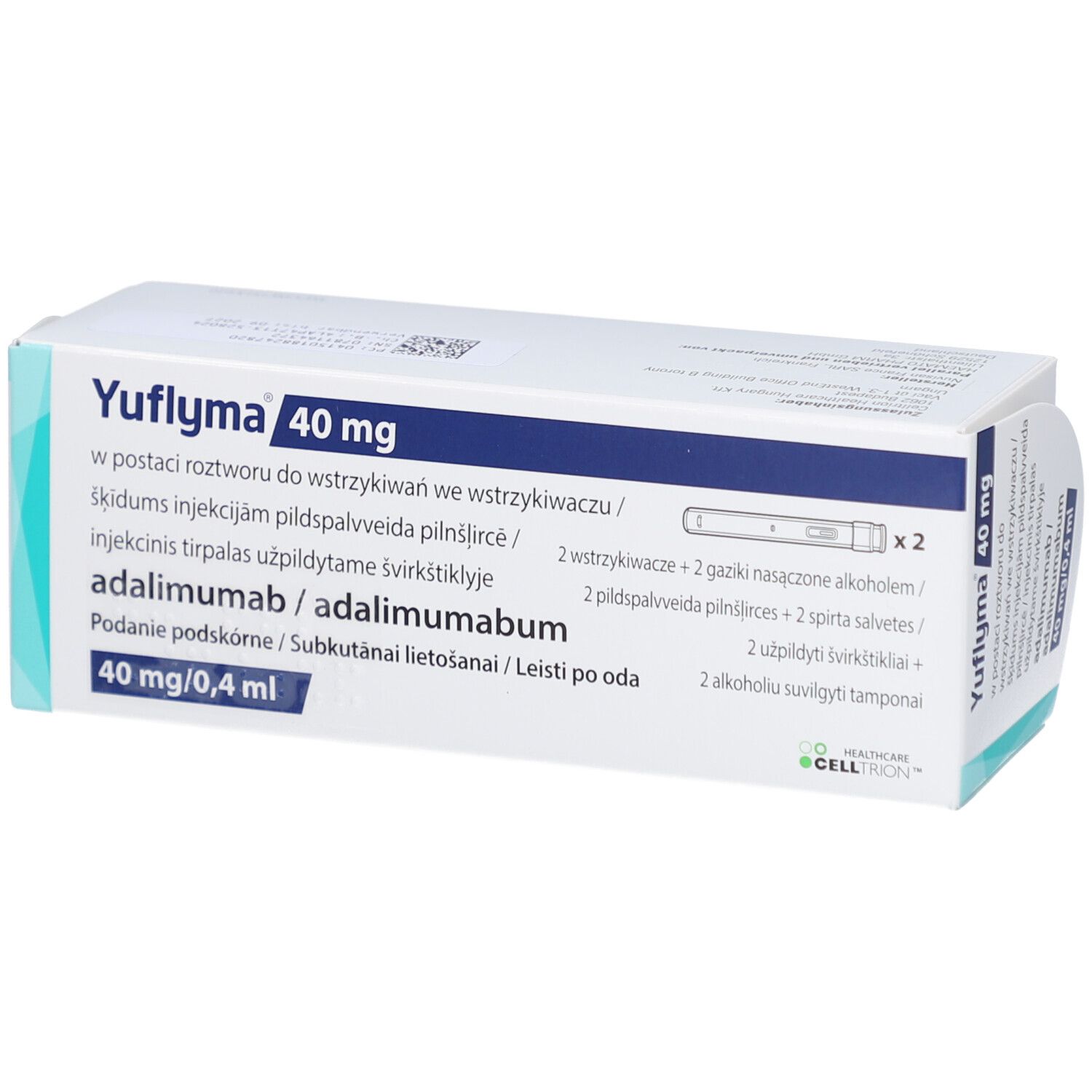 Karton Yuflyma 40 mg. Enthält Fertigpen, Injektionslösung. Text in mehreren Sprachen. Blauer und weißer Karton.