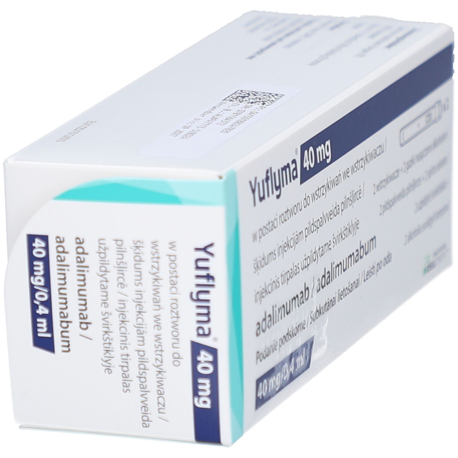 Schachtel mit YUFLYMA 40 mg. Text in mehreren Sprachen. Aufdruck mit Produktinformationen und QR-Code.