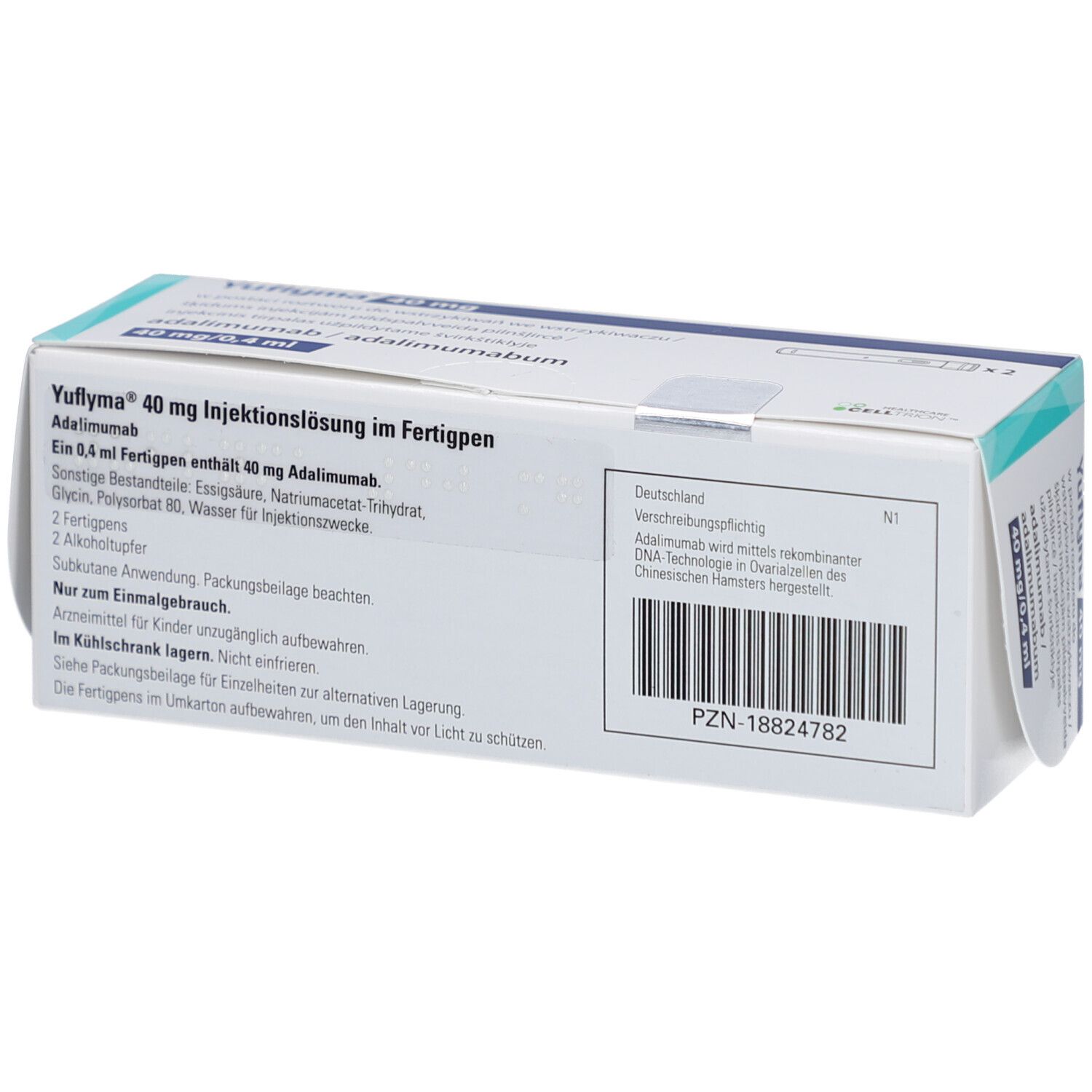 Rückseite der Yuflyma 40 mg Packung. Enthält Informationen, Text und einen Barcode. Weißer Karton.