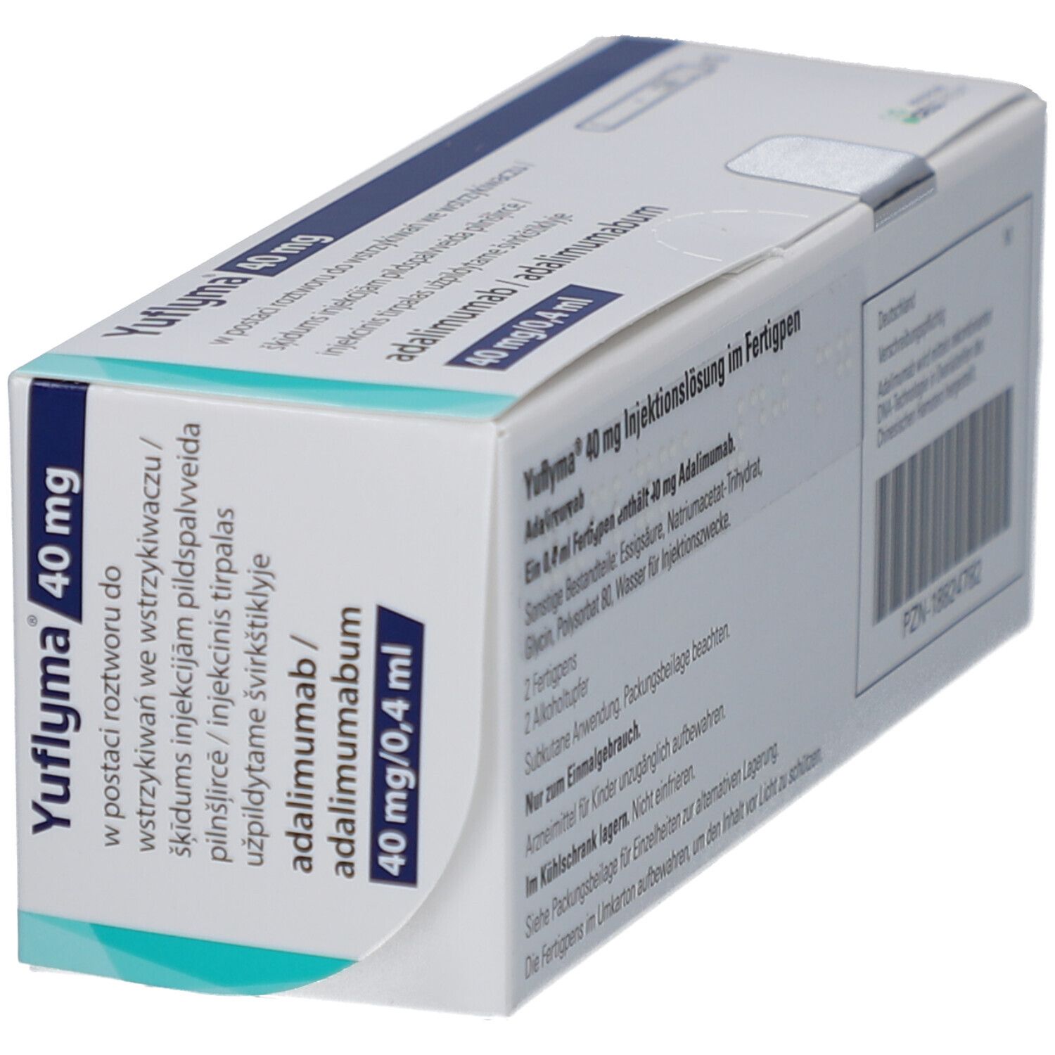 Schachtel mit YUFLYMA 40 mg. Mehrsprachiger Text. Produktinformationen und Barcode.