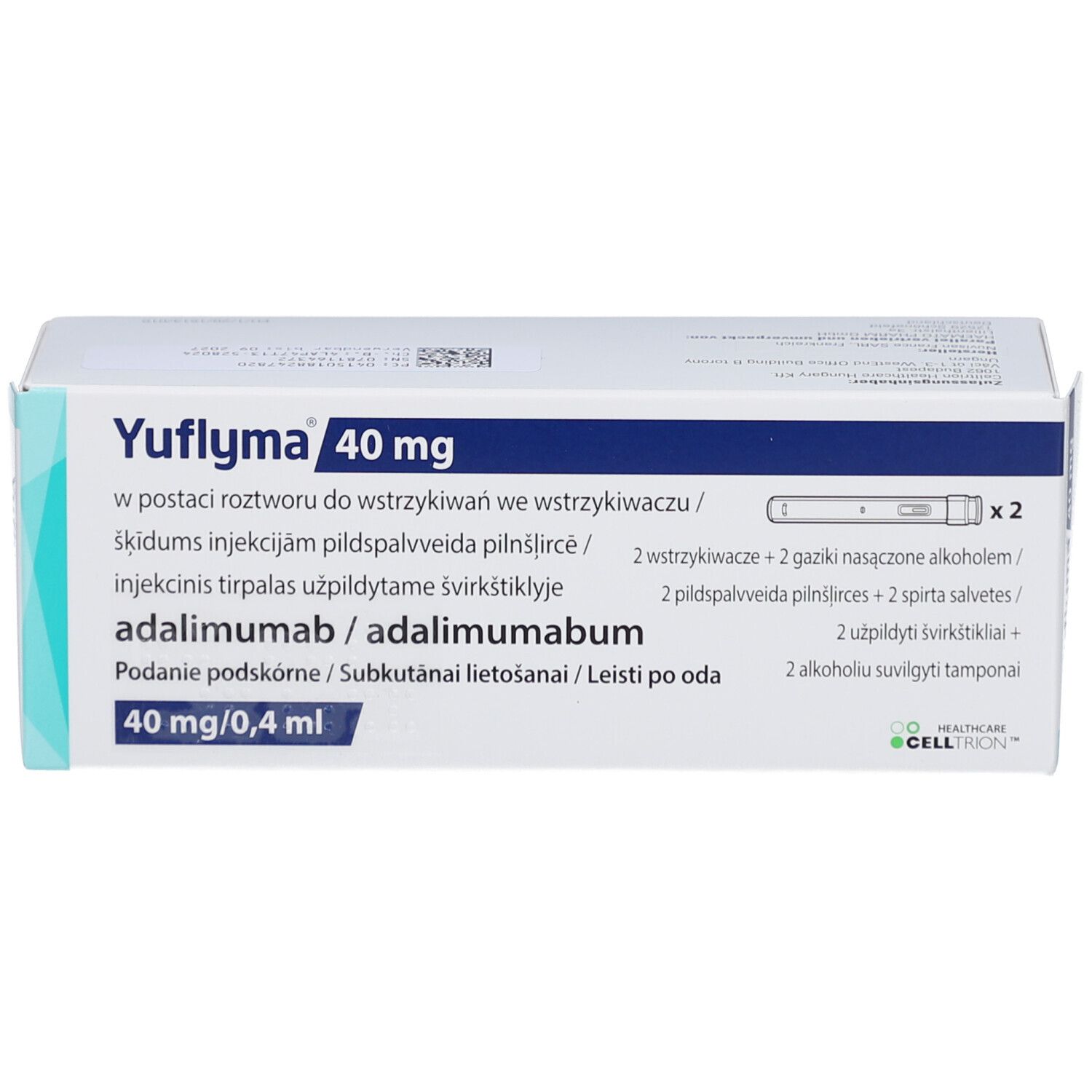 Verpackung YUFLYMA 40 mg. Enthält Fertigpens, Tupfer und Alkoholtupfer. Mehrsprachiger Text.