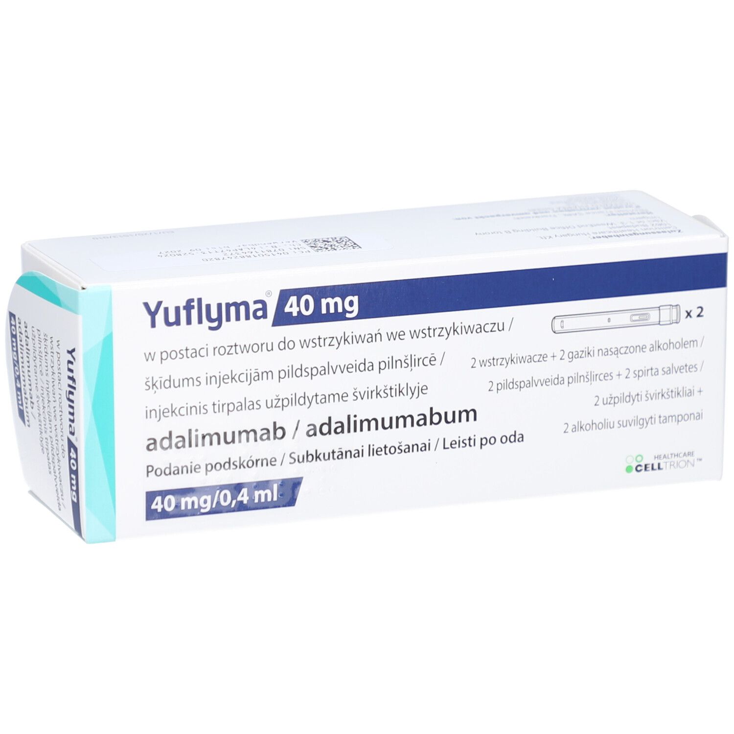Yuflyma 40 mg Packung. Enthält Fertigpen, Injektionslösung. Text in mehreren Sprachen. Blauer und weißer Karton.