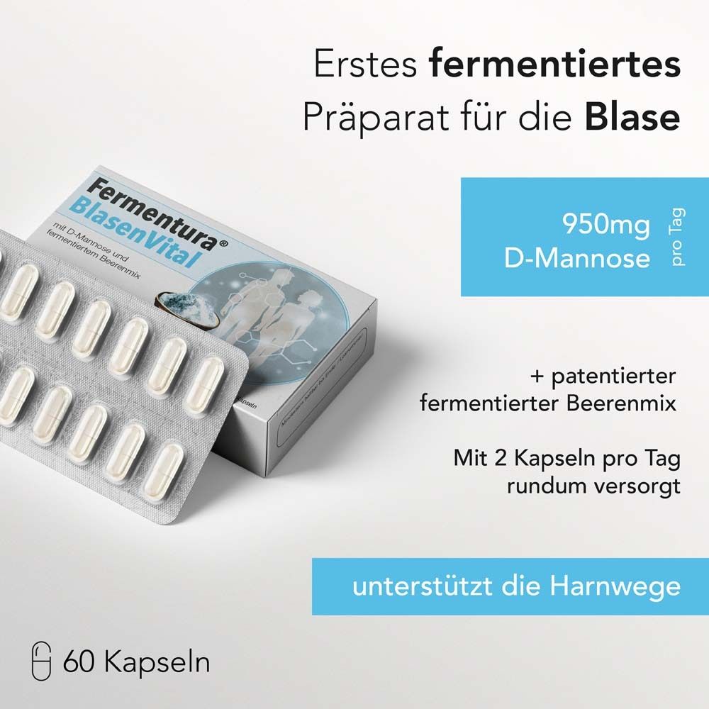 Blisterpackung mit Kapseln neben Schachtel Fermentura BlasenVital. Text: 950mg D-Mannose.
