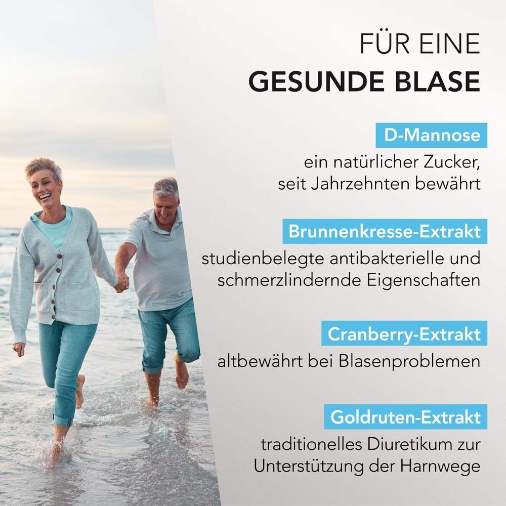 Älteres Paar am Strand. Text: Für eine gesunde Blase. Inhaltsstoffe: D-Mannose, Brunnenkresse, Cranberry, Goldruten-Extrakt.