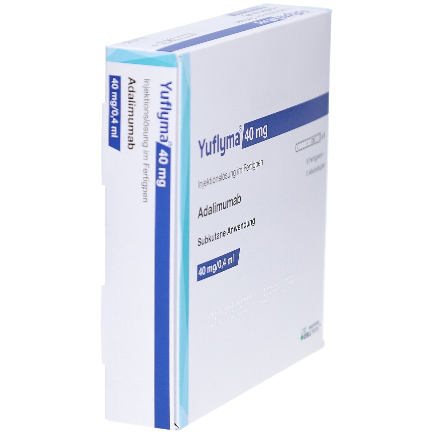 Seitenansicht der YUFLYMA 40 mg Schachtel. Aufschrift: Adalimumab, subkutane Anwendung, 40 mg/0,4 ml. Blaue und weiße Farbgebung.