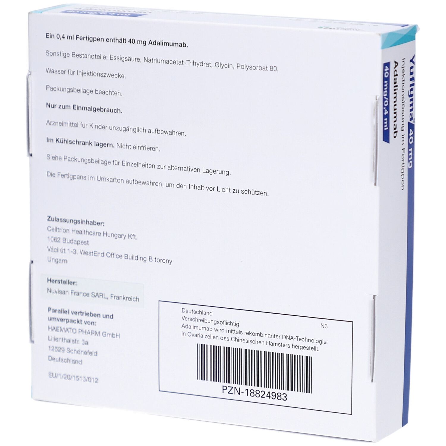 Rückseite der YUFLYMA 40 mg Schachtel. Enthält Informationen zu Inhaltsstoffen, Hersteller und Chargennummer. Barcode sichtbar.