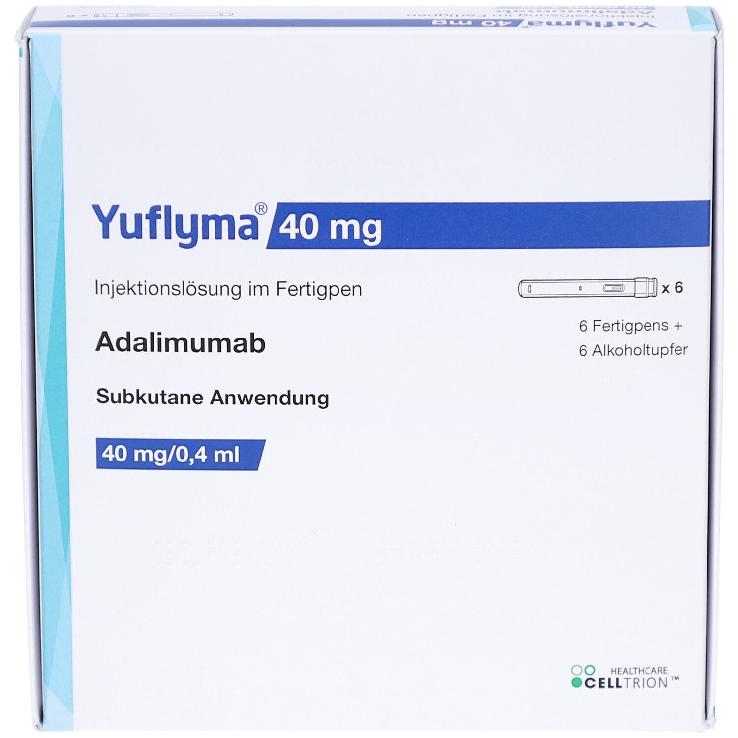 YUFLYMA 40 mg Schachtel. Enthält 6 Fertigpens und Alkoholtupfer. Aufschrift: Adalimumab, subkutane Anwendung, 40 mg/0,4 ml.