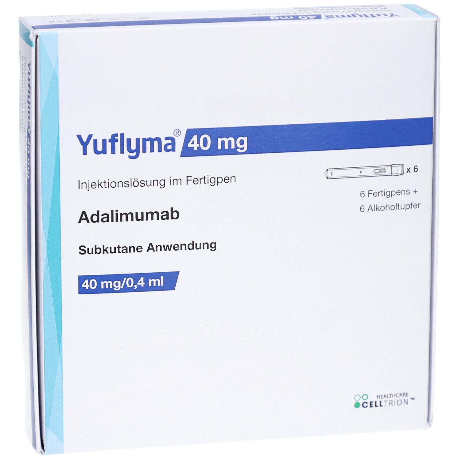 YUFLYMA 40 mg Schachtel. Enthält 6 Fertigpens und Alkoholtupfer. Aufschrift: Adalimumab, subkutane Anwendung, 40 mg/0,4 ml.