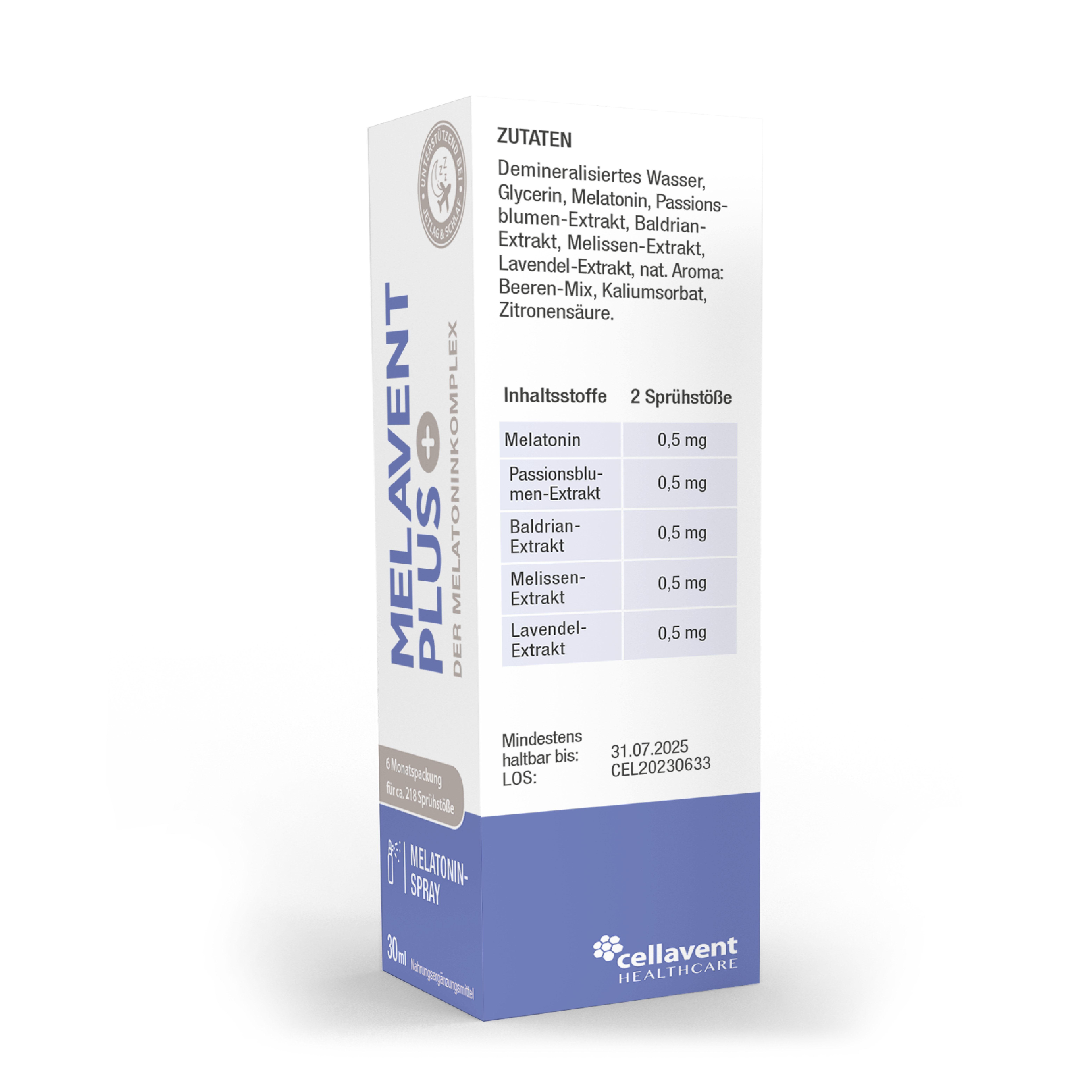Verpackung mit Inhaltsstoffen. Text: Melavent PLUS. Inhaltsstoffe: Melatonin, Extrakte.