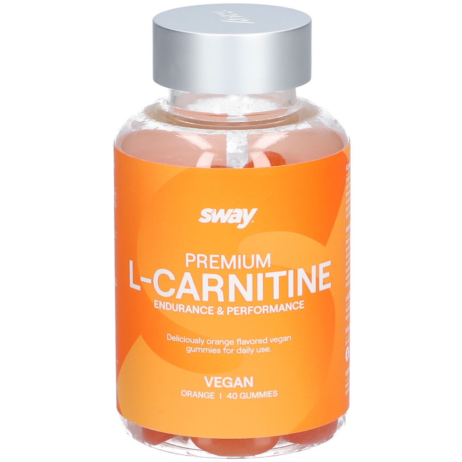 Klare Flasche mit orangefarbenem Etikett. Enthält "sway Premium L-Carnitine"-Gummis. Silberner Deckel.