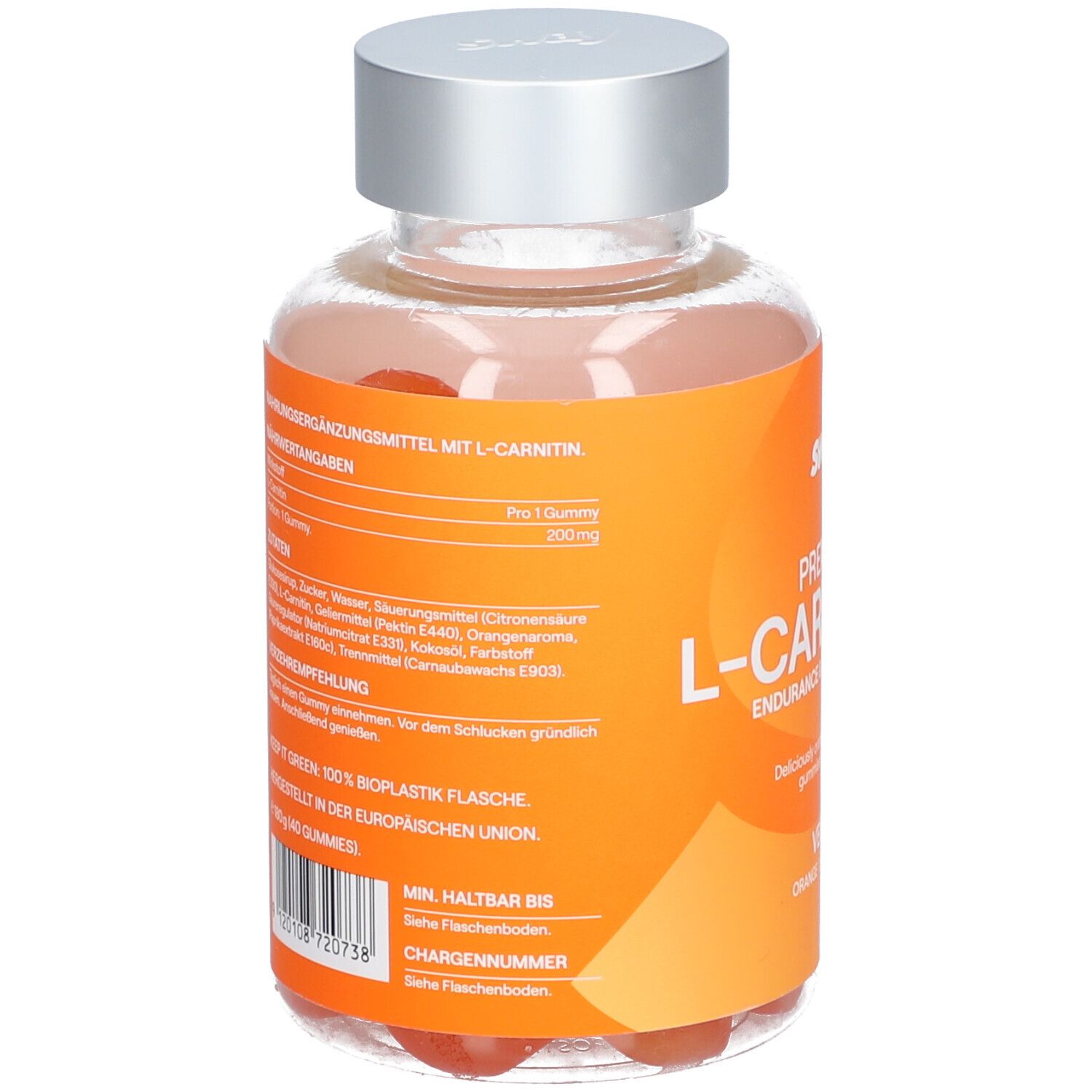 Rückseite der Flasche mit orangefarbenem Etikett. Text mit Nährwertangaben und Inhaltsstoffen. Silberner Deckel.