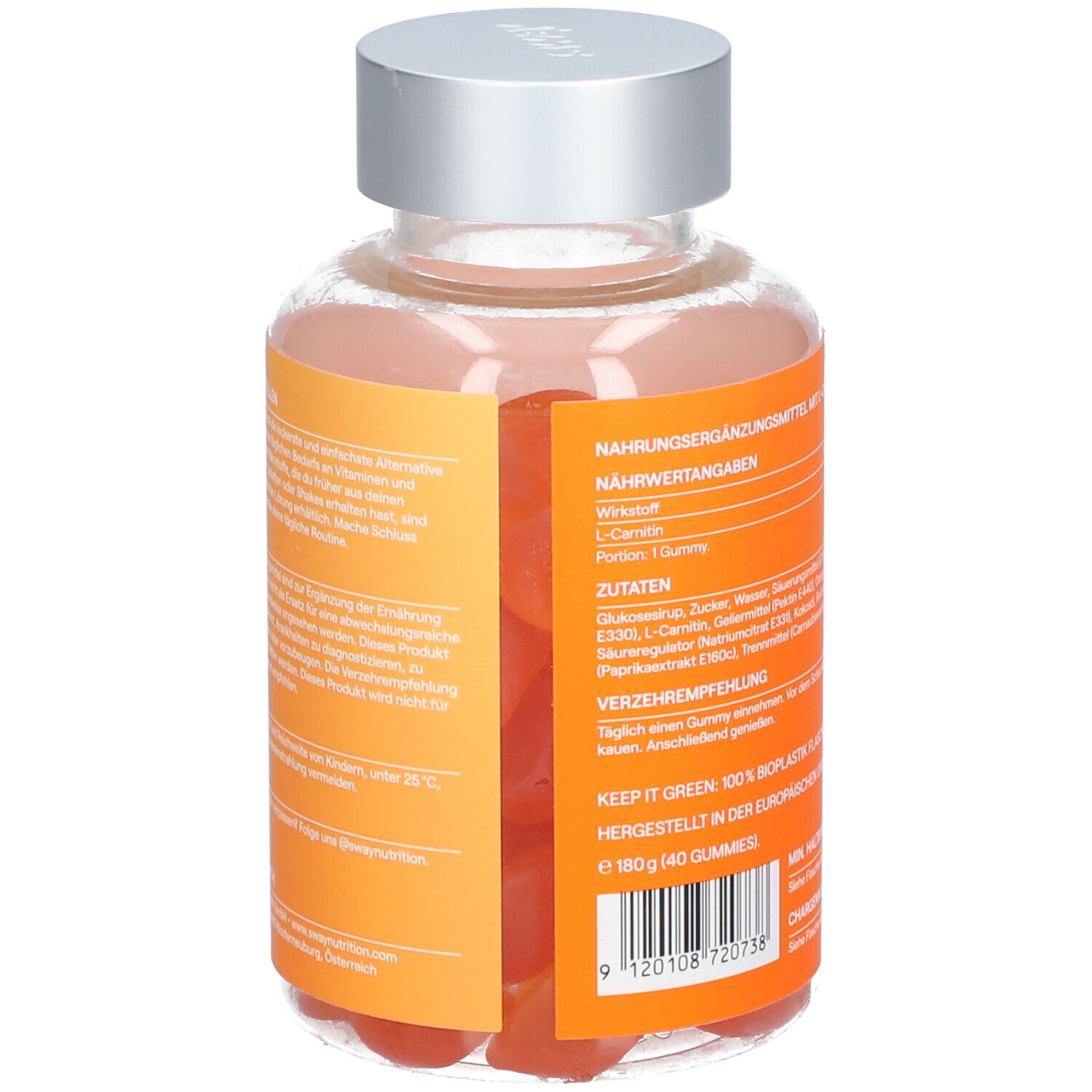 Rückseite der Flasche mit orangefarbenem Etikett. Text mit Nährwertangaben und Inhaltsstoffen. Silberner Deckel.