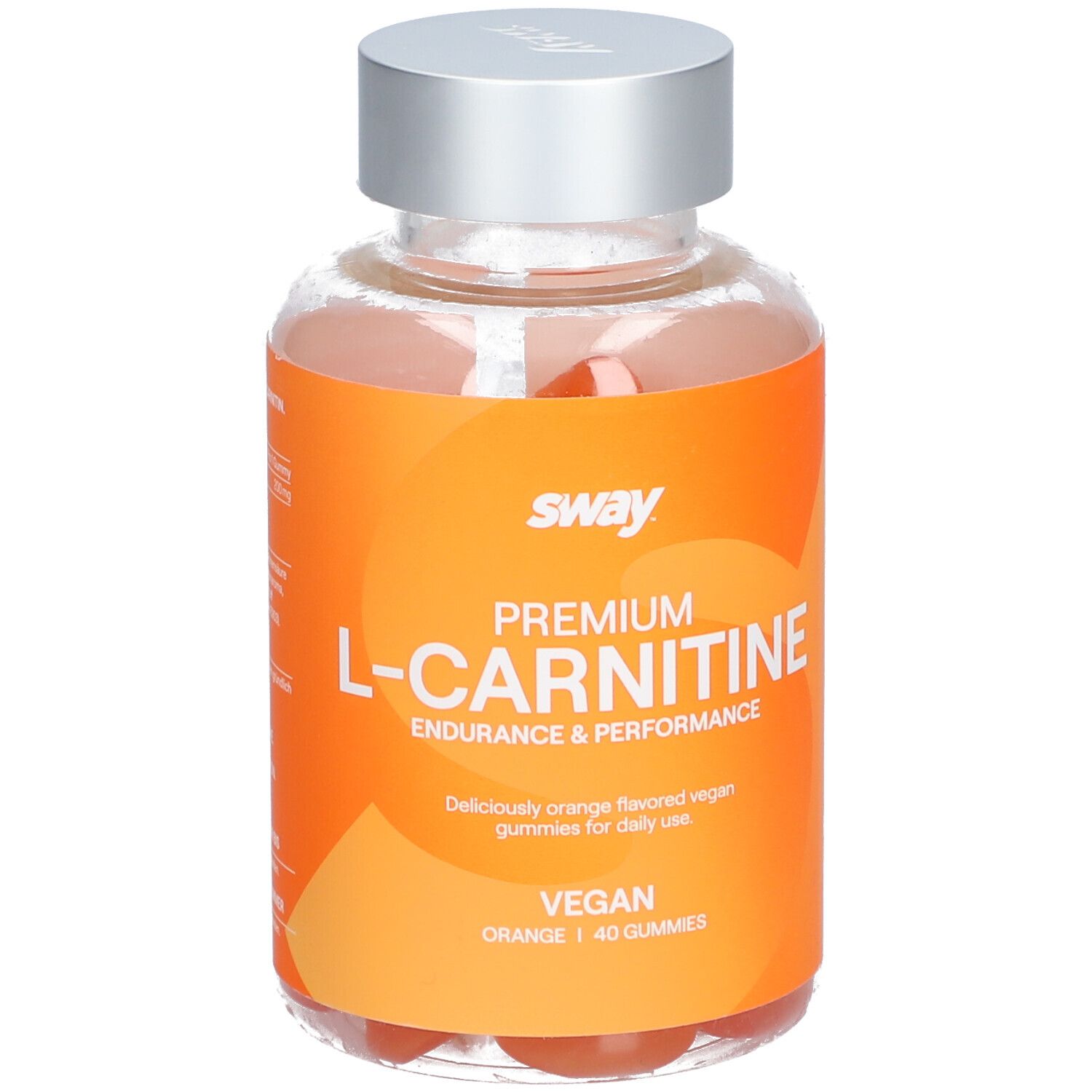 Klare Flasche mit orangefarbenem Etikett. Enthält "sway Premium L-Carnitine"-Gummis. Silberner Deckel.