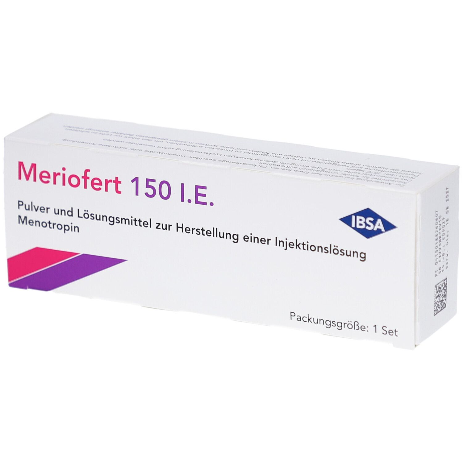 Weiße rechteckige Faltschachtel mit Produktnamen und Logo. Text: Meriofert 150 I.E. Pulver und Lösungsmittel. IBSA Logo.