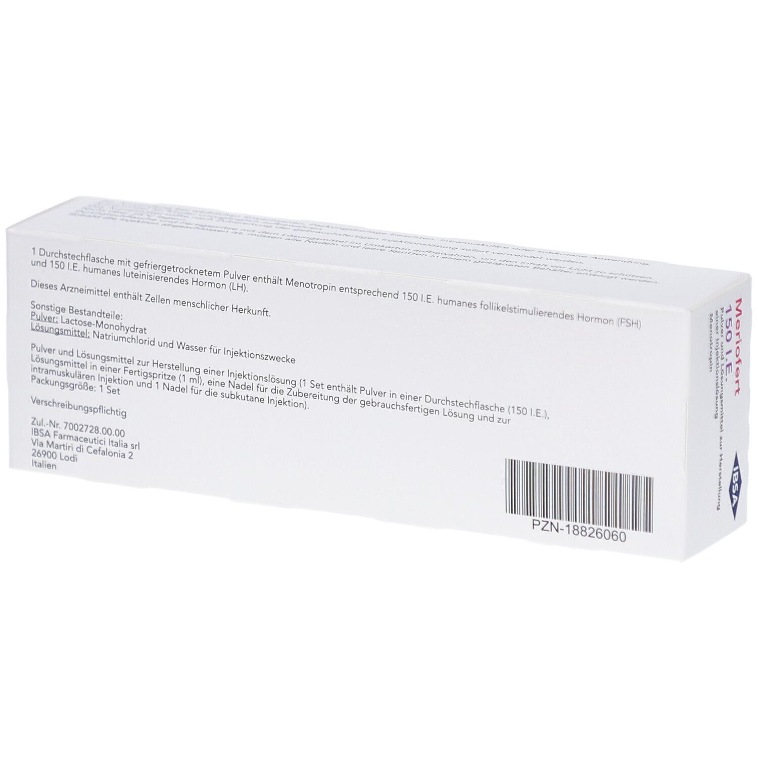 Weiße Faltschachtel mit Text. Text: Inhaltsstoffe, PZN-18826060, IBSA Logo, Barcode.