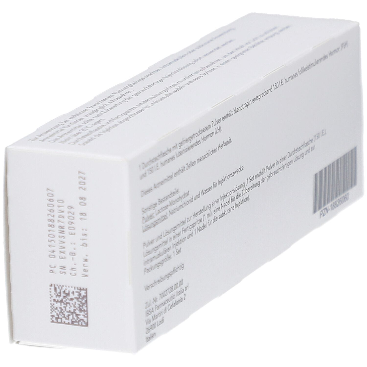 Weiße Faltschachtel mit Text und Barcode. Text: Inhaltsstoffe, Chargennummer, Verfallsdatum, IBSA Logo.