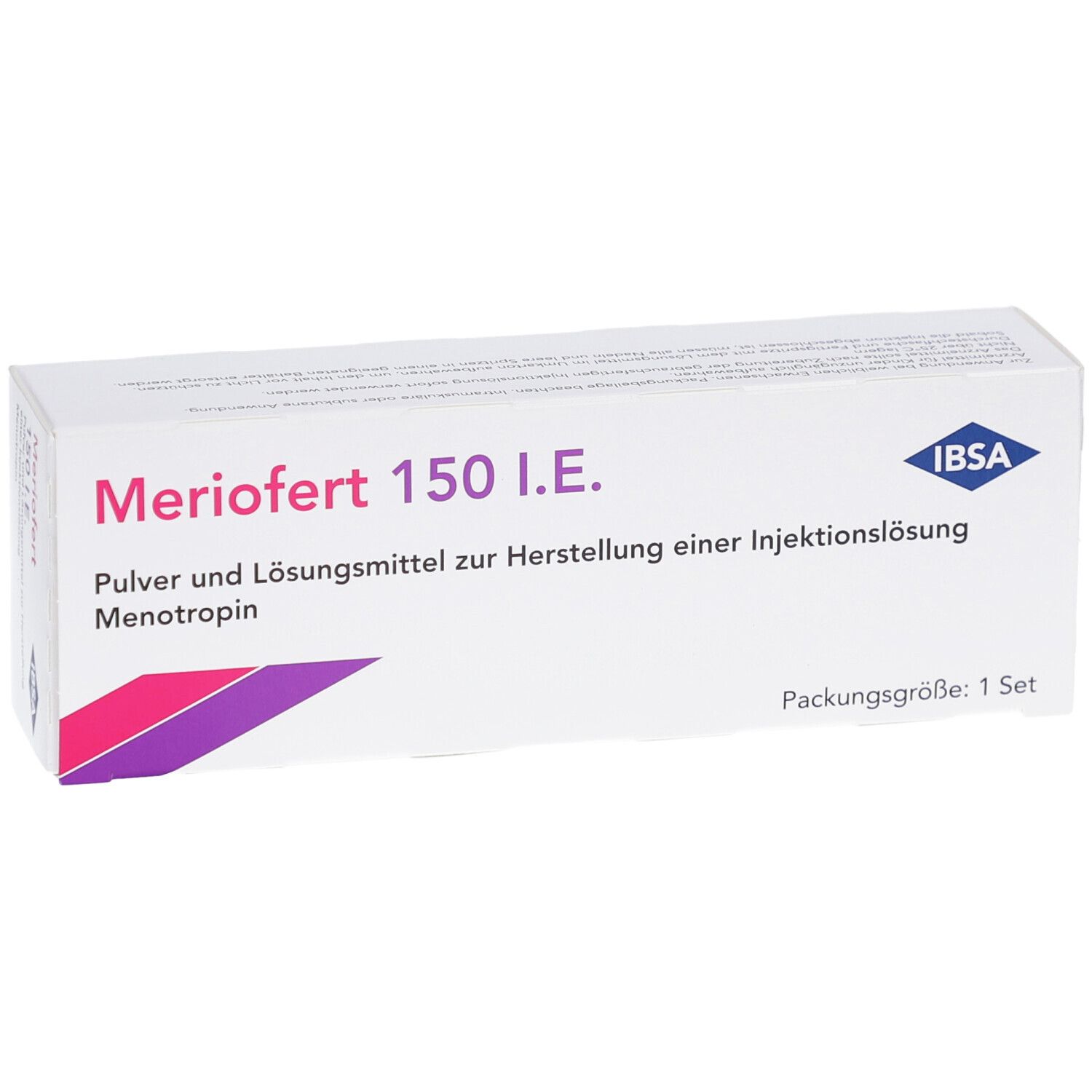 Weiße rechteckige Faltschachtel mit Produktnamen und Logo. Text: Meriofert 150 I.E. Pulver und Lösungsmittel. IBSA Logo.