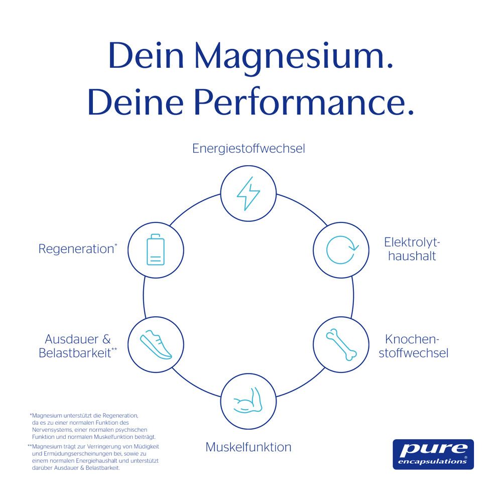 Grafik mit Icons. Kreisförmige Icons: Energiestoffwechsel, Regeneration, Ausdauer, Muskelfunktion, Knochenstoffwechsel, Elektrolythaushalt.