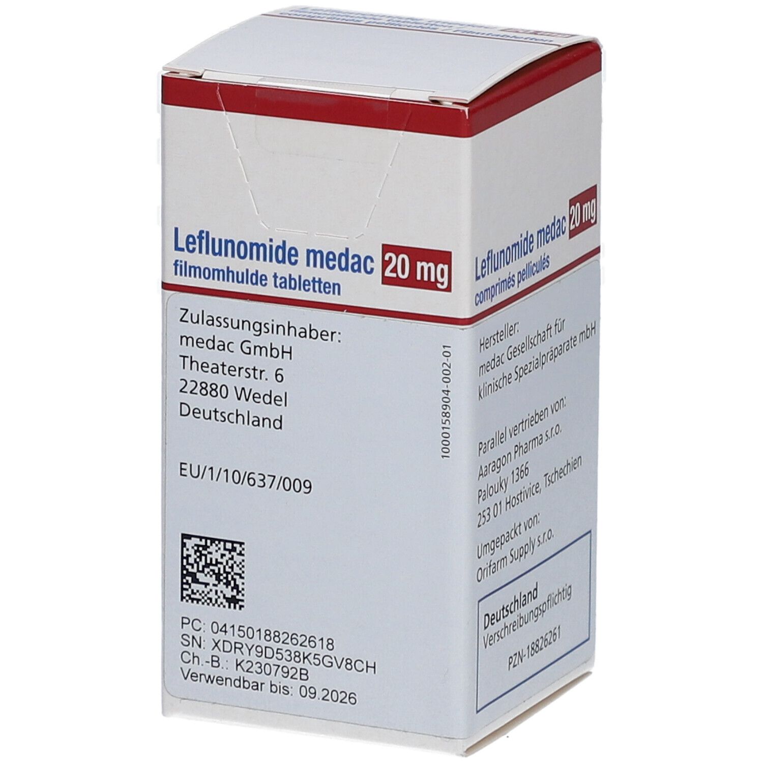 Karton LEFLUNOMID medac 20 mg Filmtabletten. Weiß, rot. Text: 20 mg. Zulassungsinhaber, Herstellerinformationen, EU-Nummer.