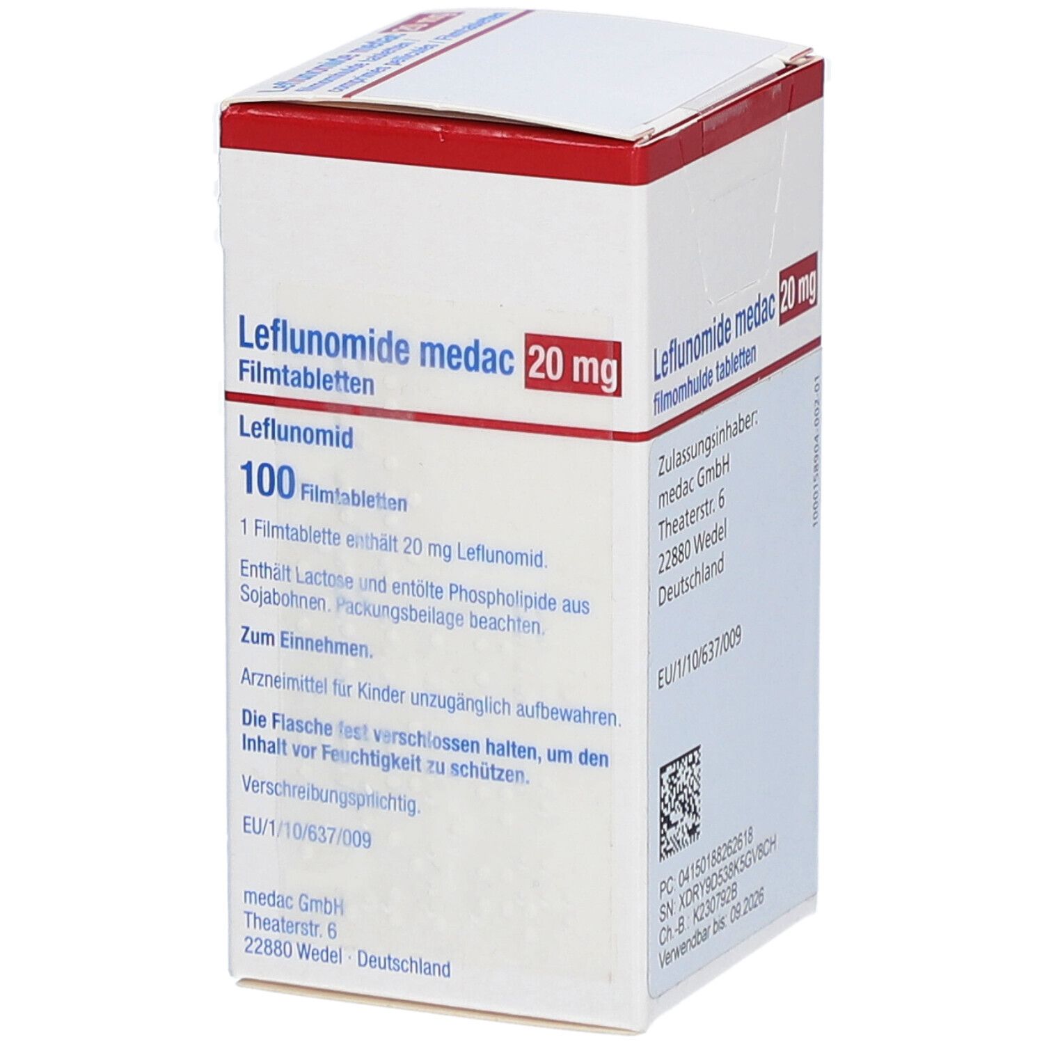 Karton LEFLUNOMID medac 20 mg Filmtabletten. Weiß, rot. Text: 20 mg, 100 Filmtabletten. Aufschrift: Zum Einnehmen.