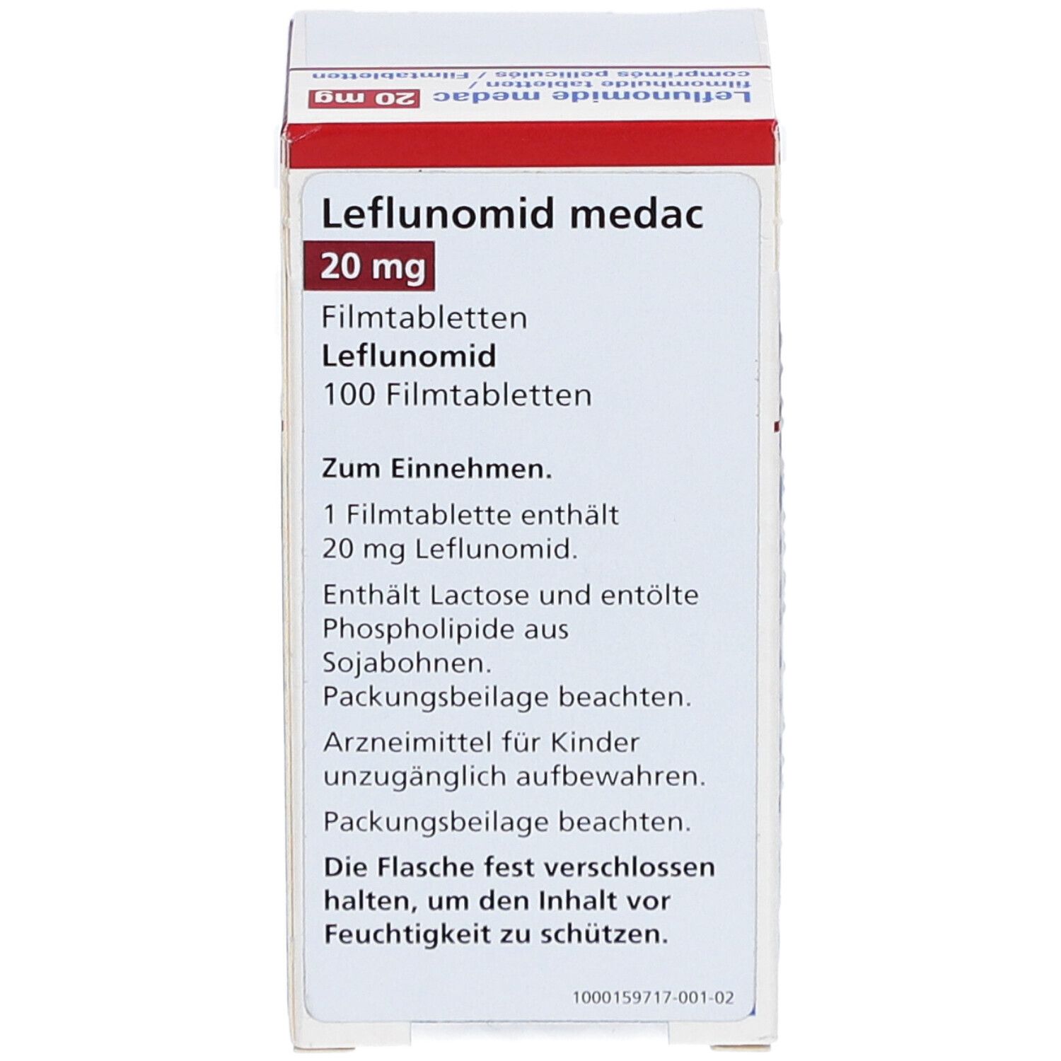 Karton LEFLUNOMID medac 20 mg Filmtabletten. Weiß, rot. Text: 20 mg, 100 Filmtabletten. Aufschrift: Zum Einnehmen.