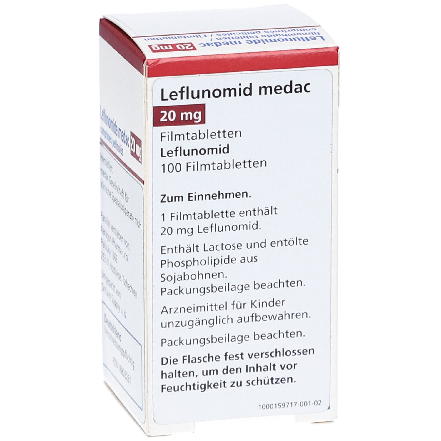 Karton LEFLUNOMID medac 20 mg Filmtabletten. Weiß, rot. Text: 20 mg, 100 Filmtabletten. Aufschrift: Zum Einnehmen.