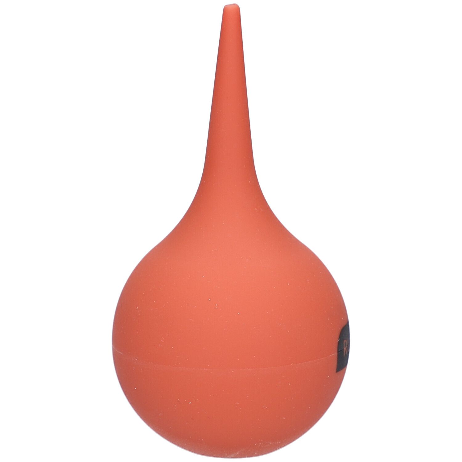 Rote Ohrenspritze mit spitzem Aufsatz. Kugelform mit schwarzem Aufdruck. 