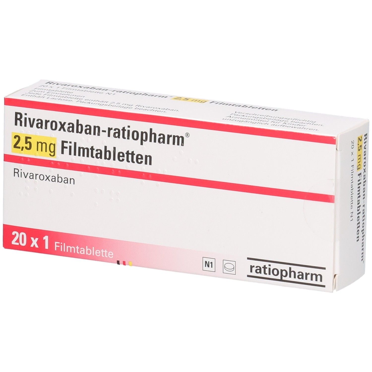 RIVAROXABAN-ratiopharm 2,5 mg Filmtabletten Schachtel, 20 x 1 Filmtablette.