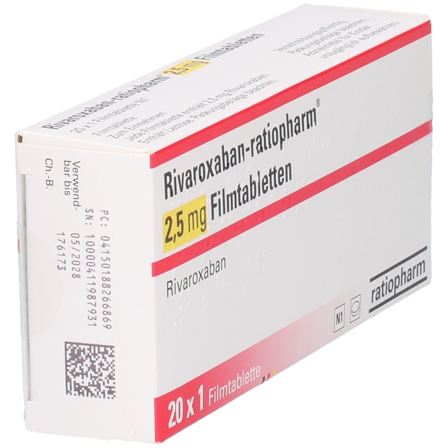 RIVAROXABAN-ratiopharm 2,5 mg Filmtabletten Schachtel mit Chargennummer und Verfallsdatum.