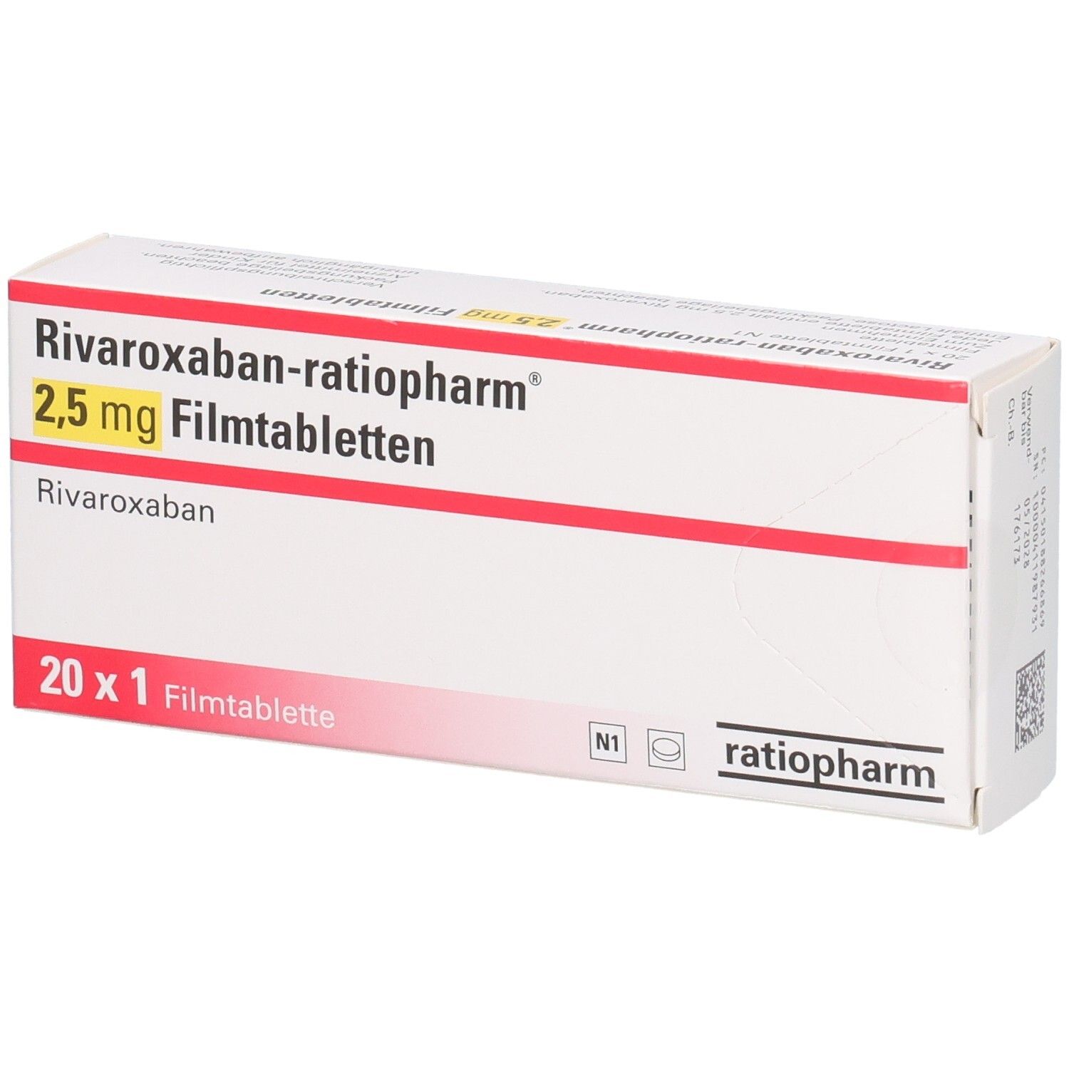 RIVAROXABAN-ratiopharm 2,5 mg Filmtabletten Schachtel, Vorderseite.