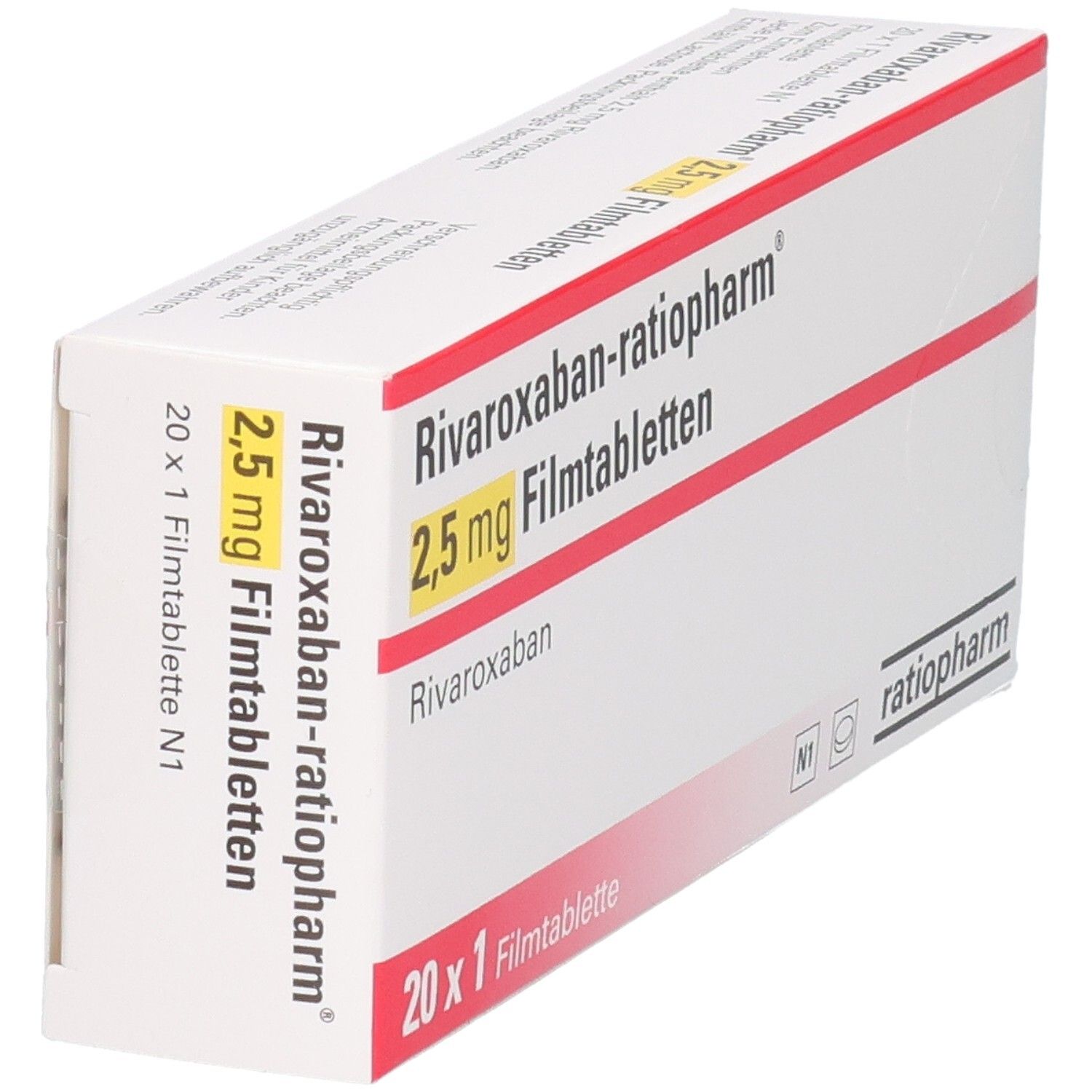 RIVAROXABAN-ratiopharm 2,5 mg Filmtabletten Schachtel, Seitenansicht.