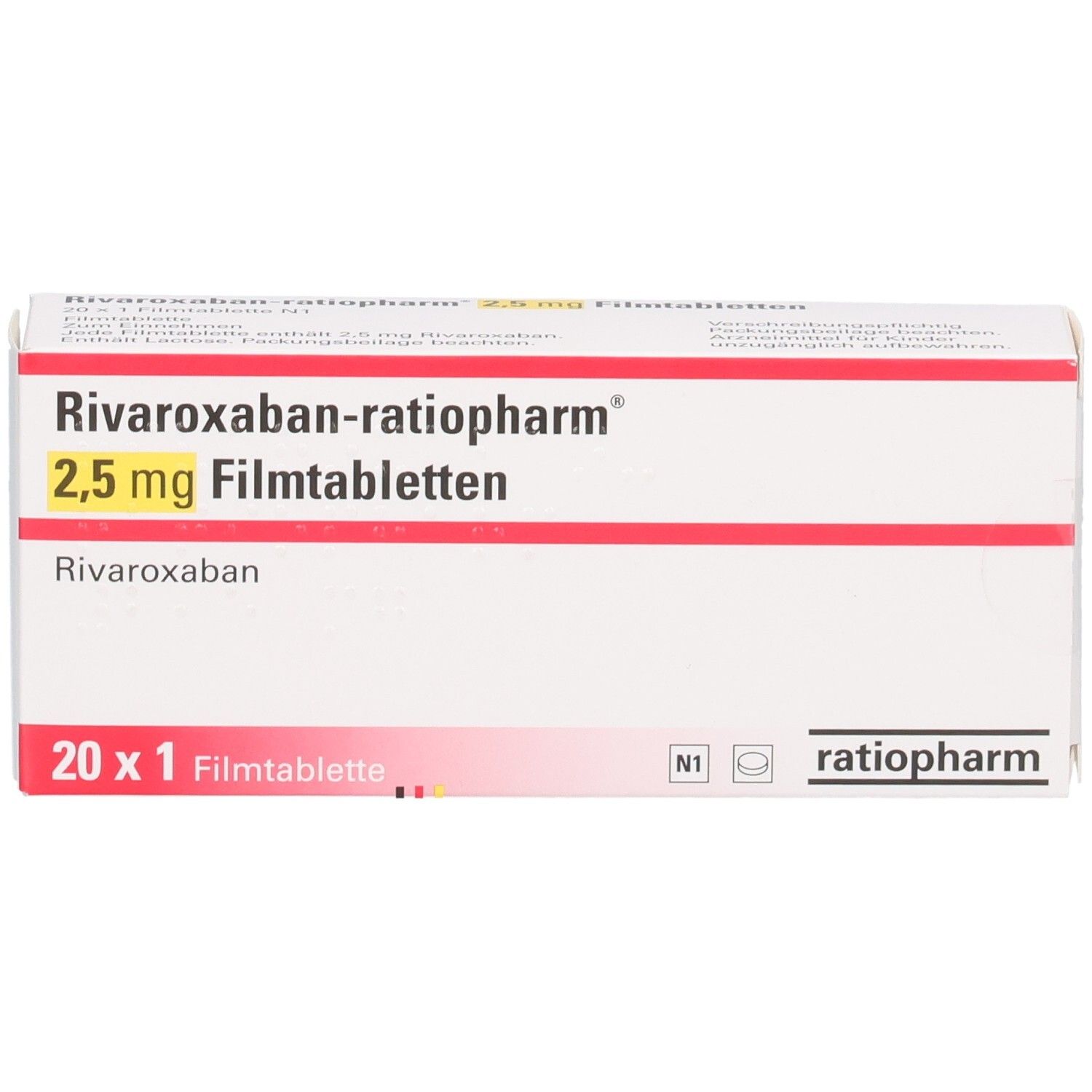RIVAROXABAN-ratiopharm 2,5 mg Filmtabletten Schachtel, Nahaufnahme.