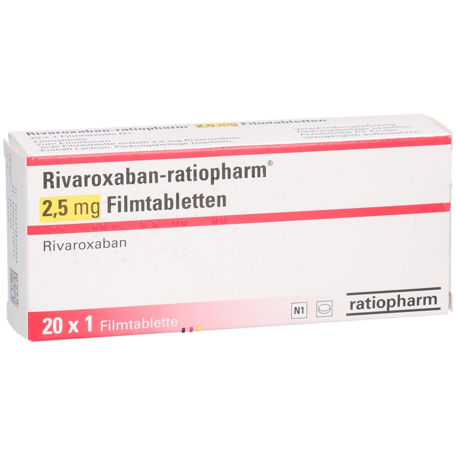 RIVAROXABAN-ratiopharm 2,5 mg Filmtabletten Schachtel, mit Logo.