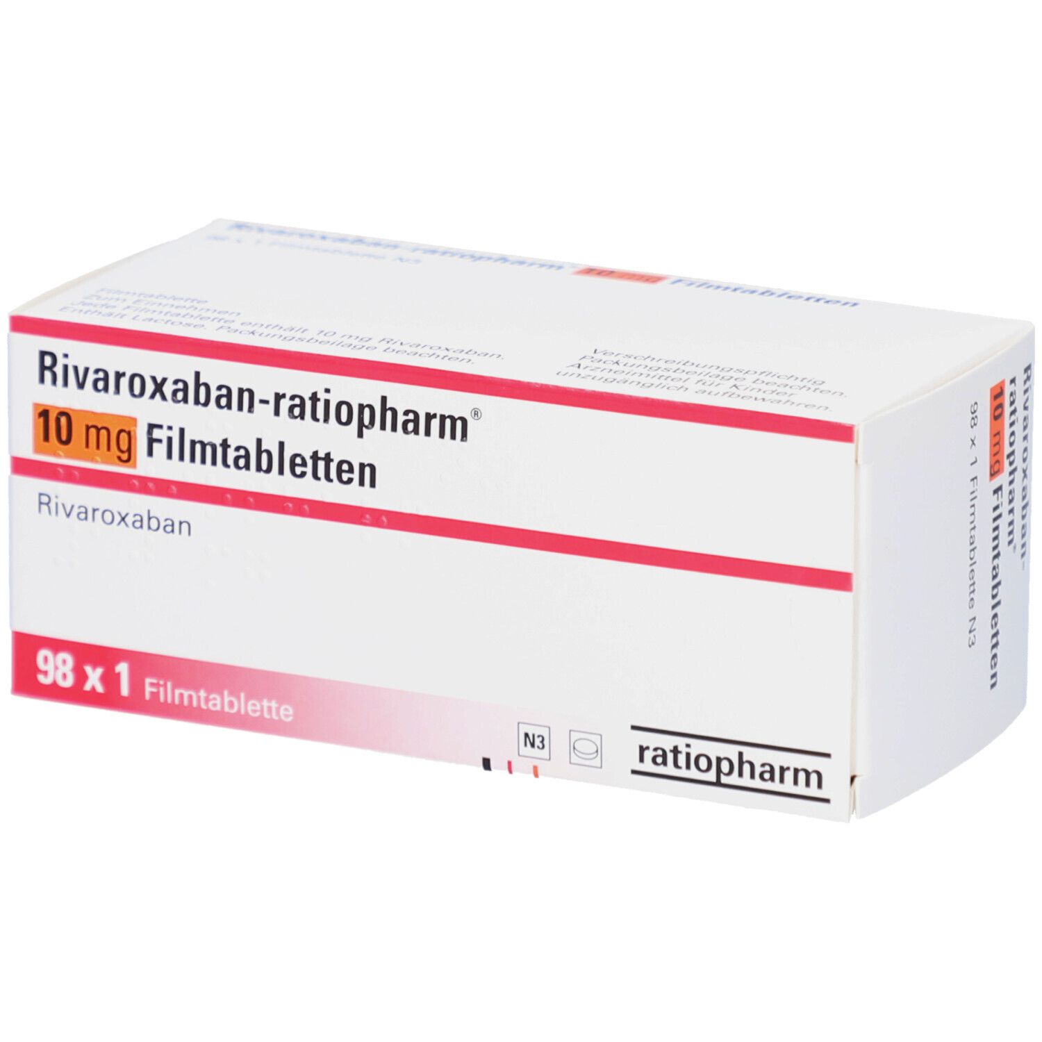 Schachtel mit RIVAROXABAN-ratiopharm 10 mg Filmtabletten. Weiße Schachtel mit roter Linie und Produktinformationen.