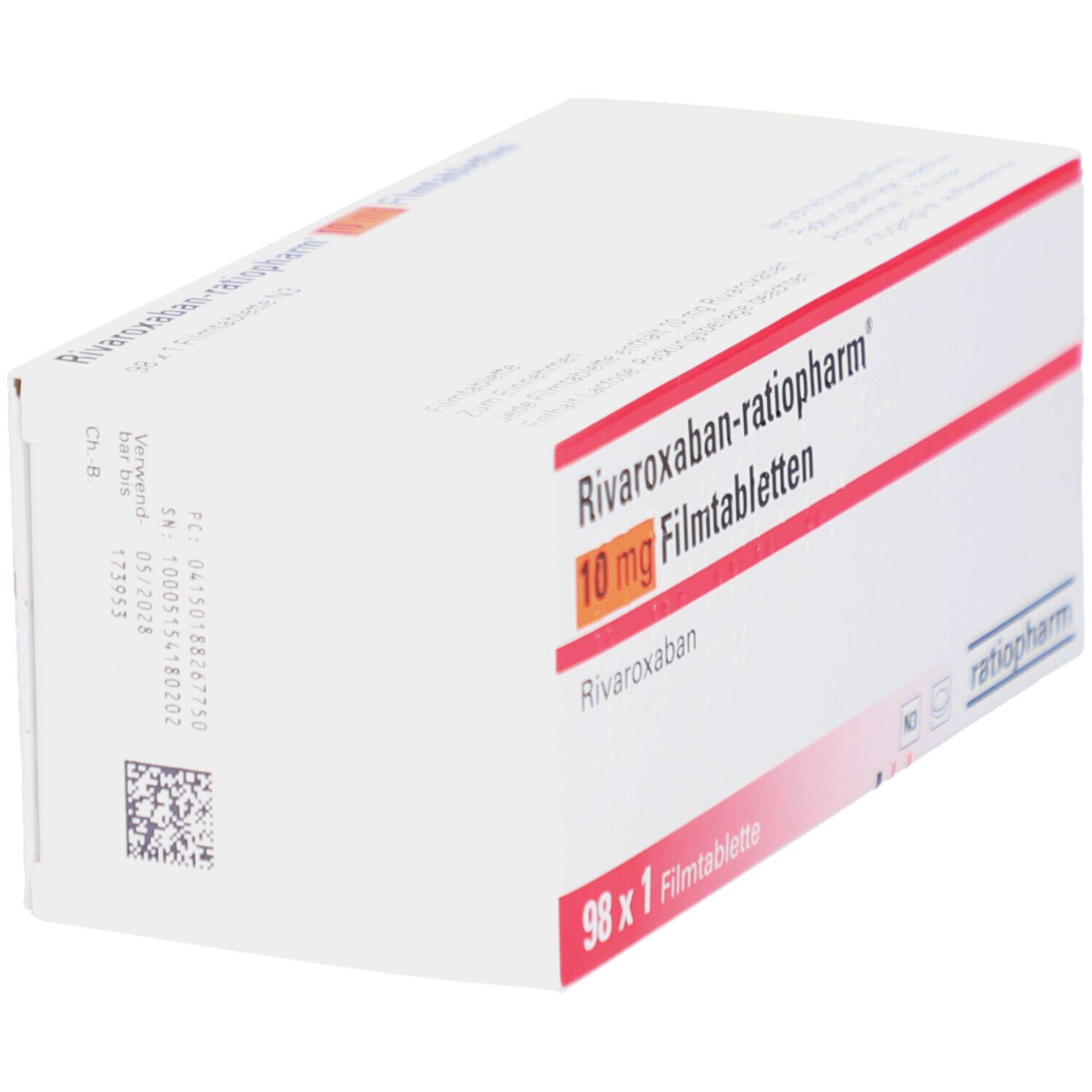 Schachtel RIVAROXABAN-ratiopharm 10 mg Filmtabletten. Weiße Schachtel mit roter Linie und Produktinformationen, schräg.