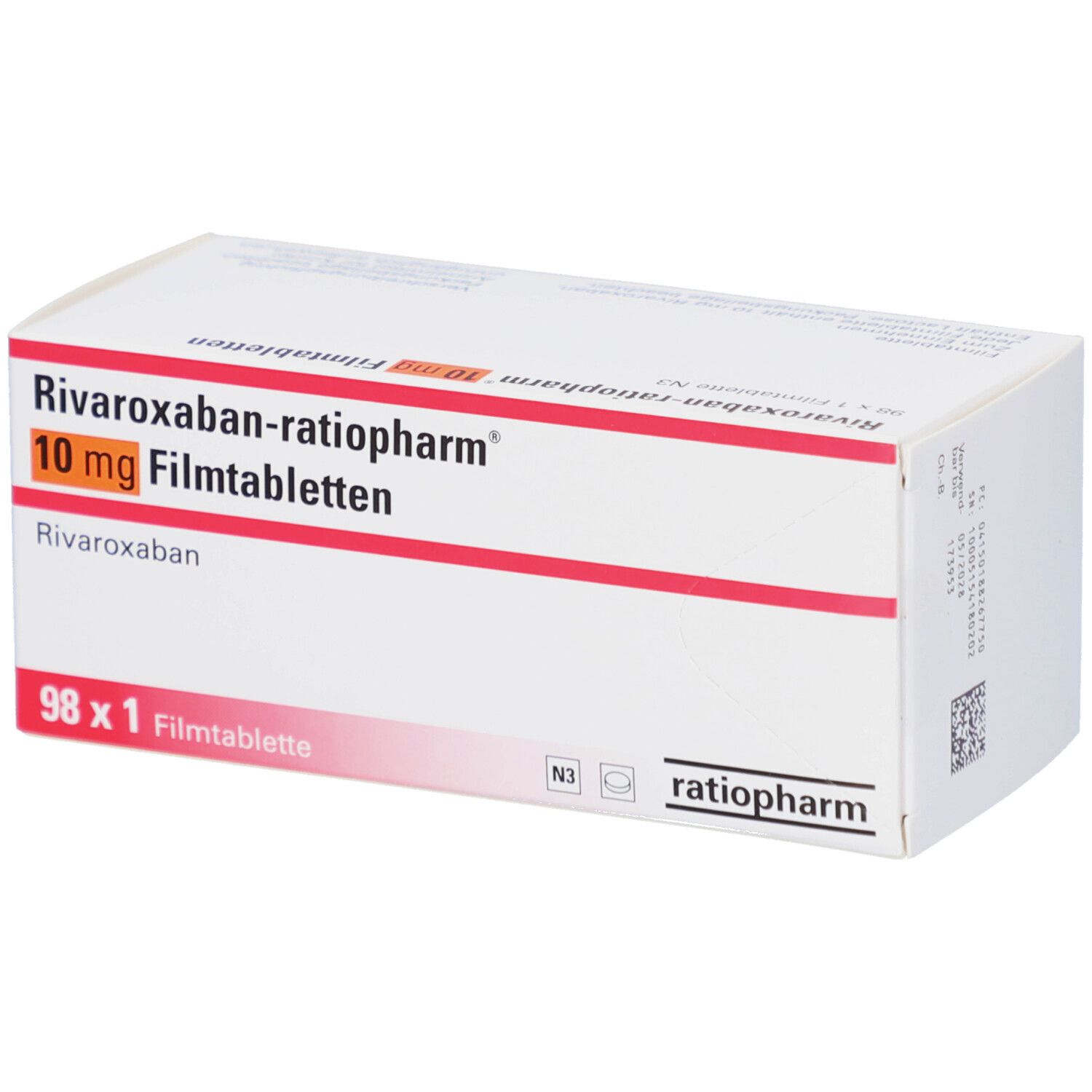 Schachtel mit RIVAROXABAN-ratiopharm 10 mg Filmtabletten. Weiße Schachtel mit roter Linie und Produktinformationen.