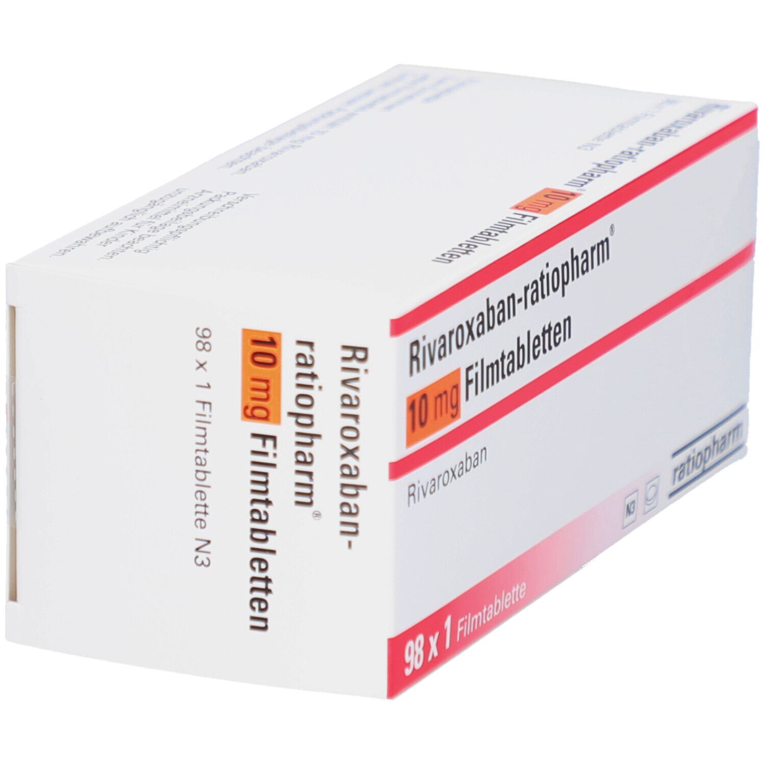 Schachtel RIVAROXABAN-ratiopharm 10 mg Filmtabletten. Weiße Schachtel mit roter Linie und Produktinformationen, schräg.