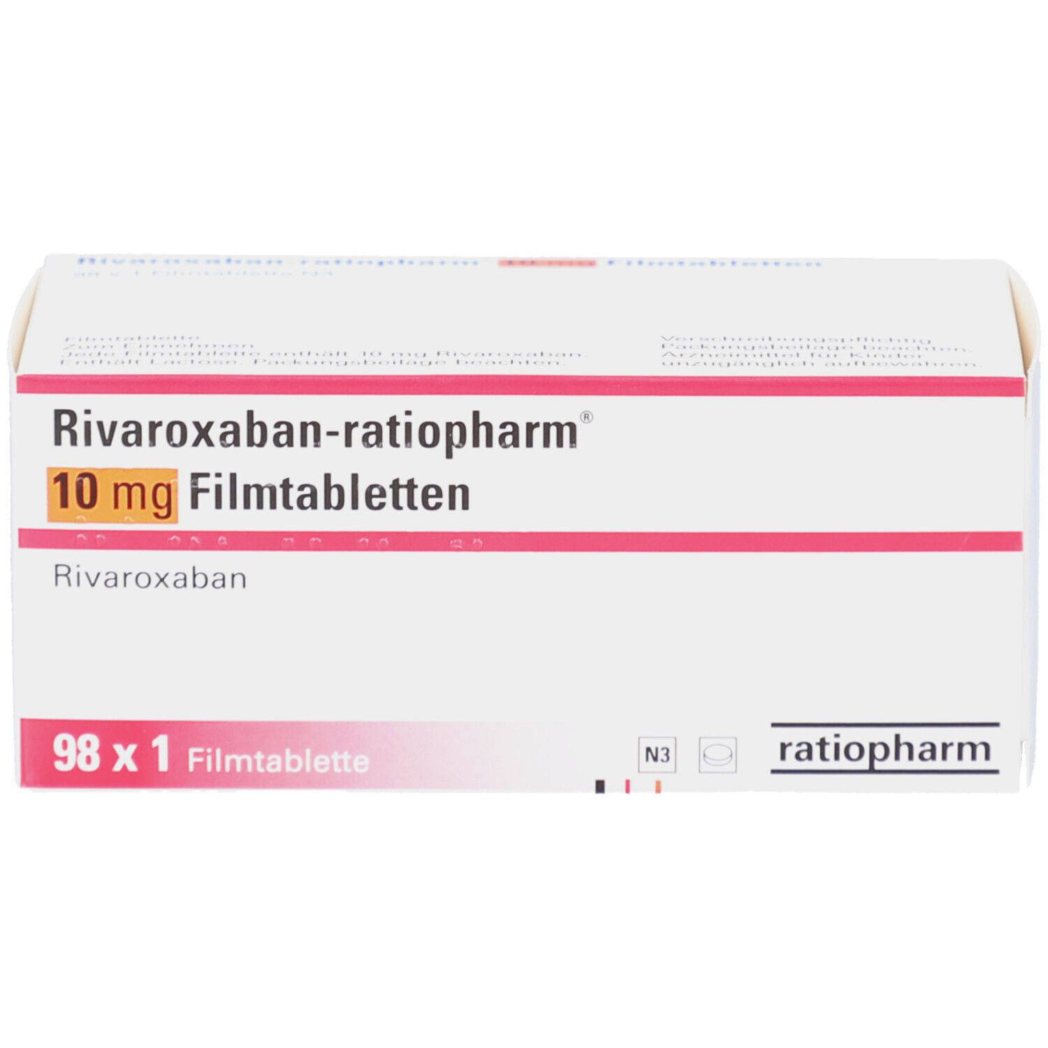 Schachtel mit RIVAROXABAN-ratiopharm 10 mg Filmtabletten. Weiße Schachtel mit roter Linie und Produktinformationen.