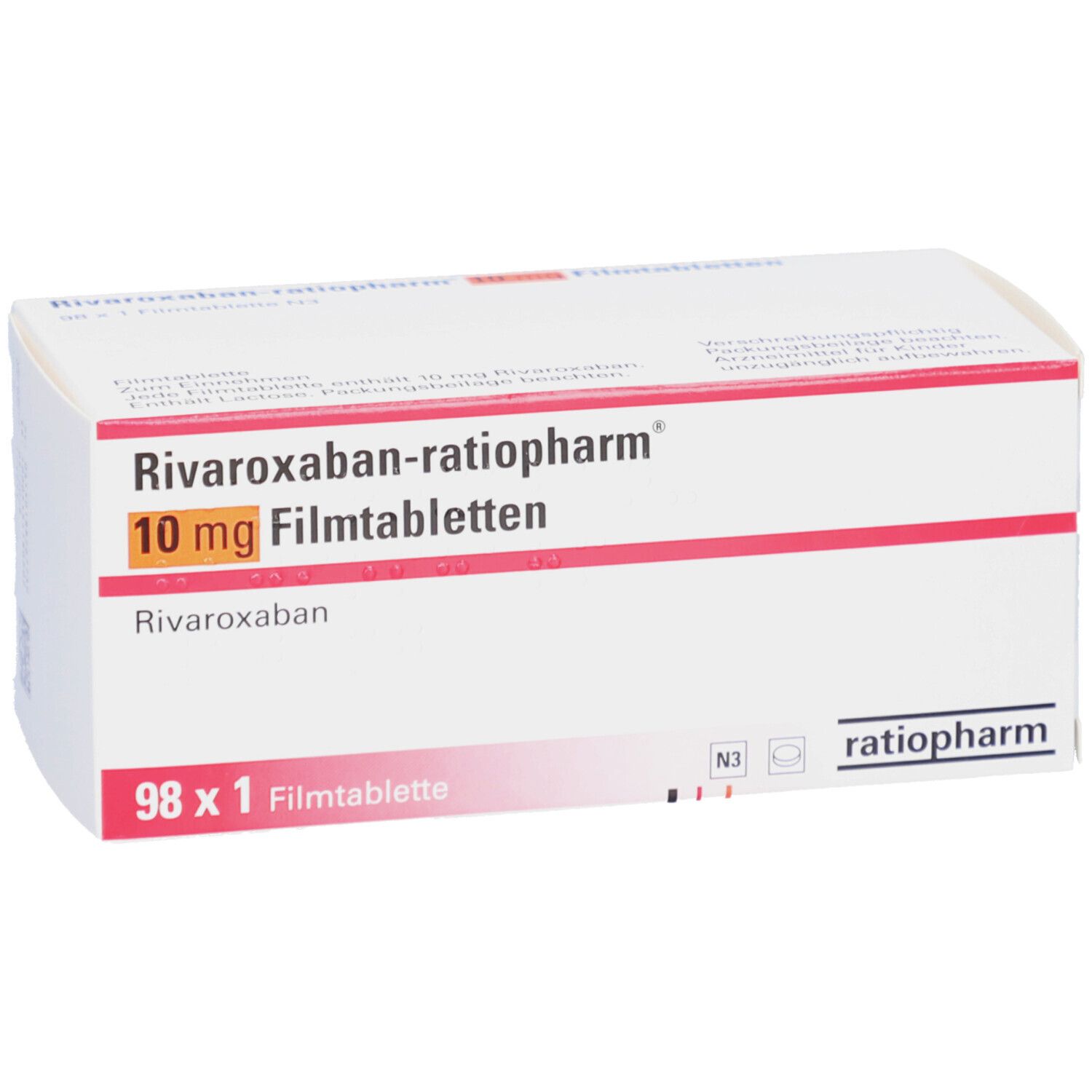 Schachtel mit RIVAROXABAN-ratiopharm 10 mg Filmtabletten. Weiße Schachtel mit roter Linie und Produktinformationen.